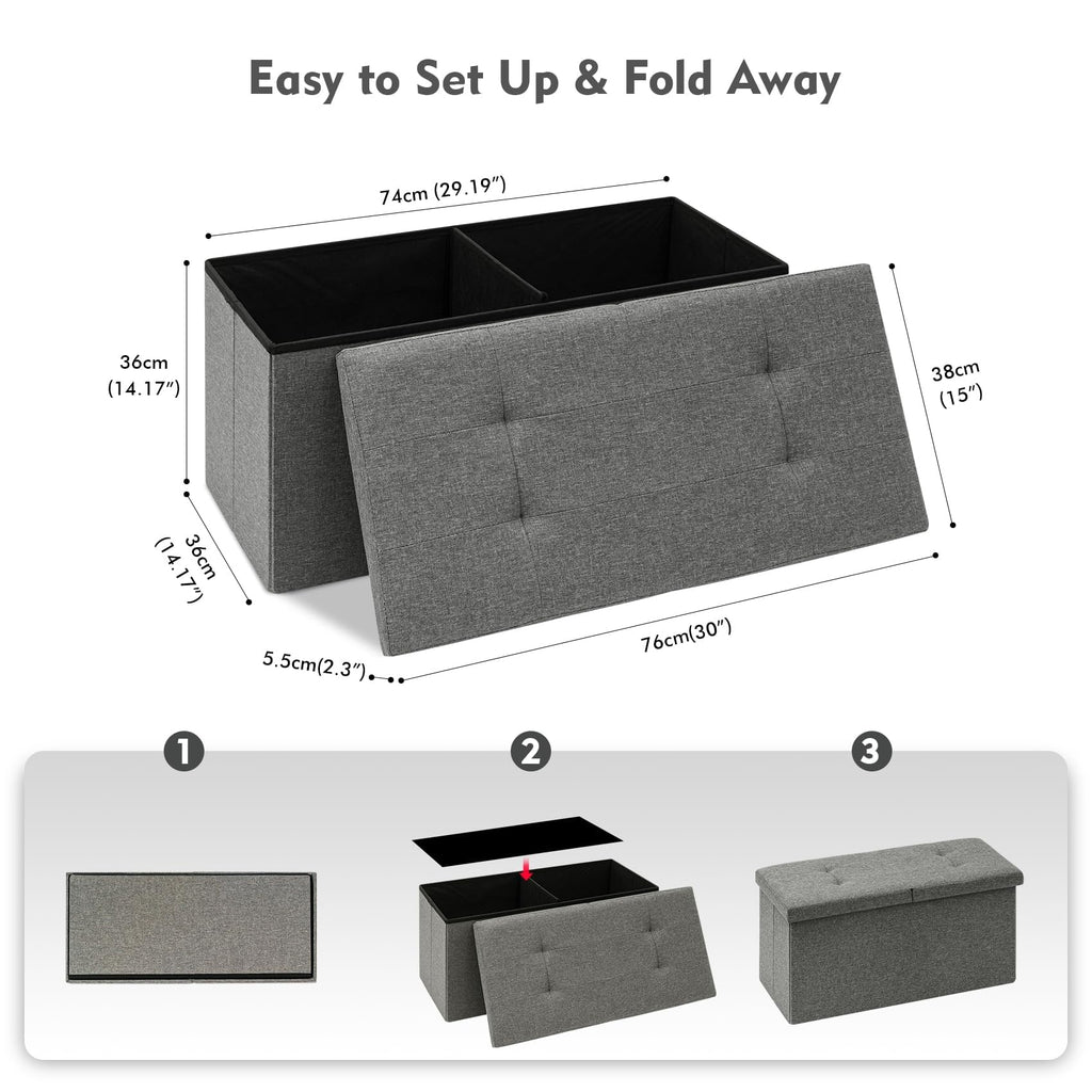 Bonlife Foldable Storage Ottoman Bench | Linen Gray Footstool - 76cm