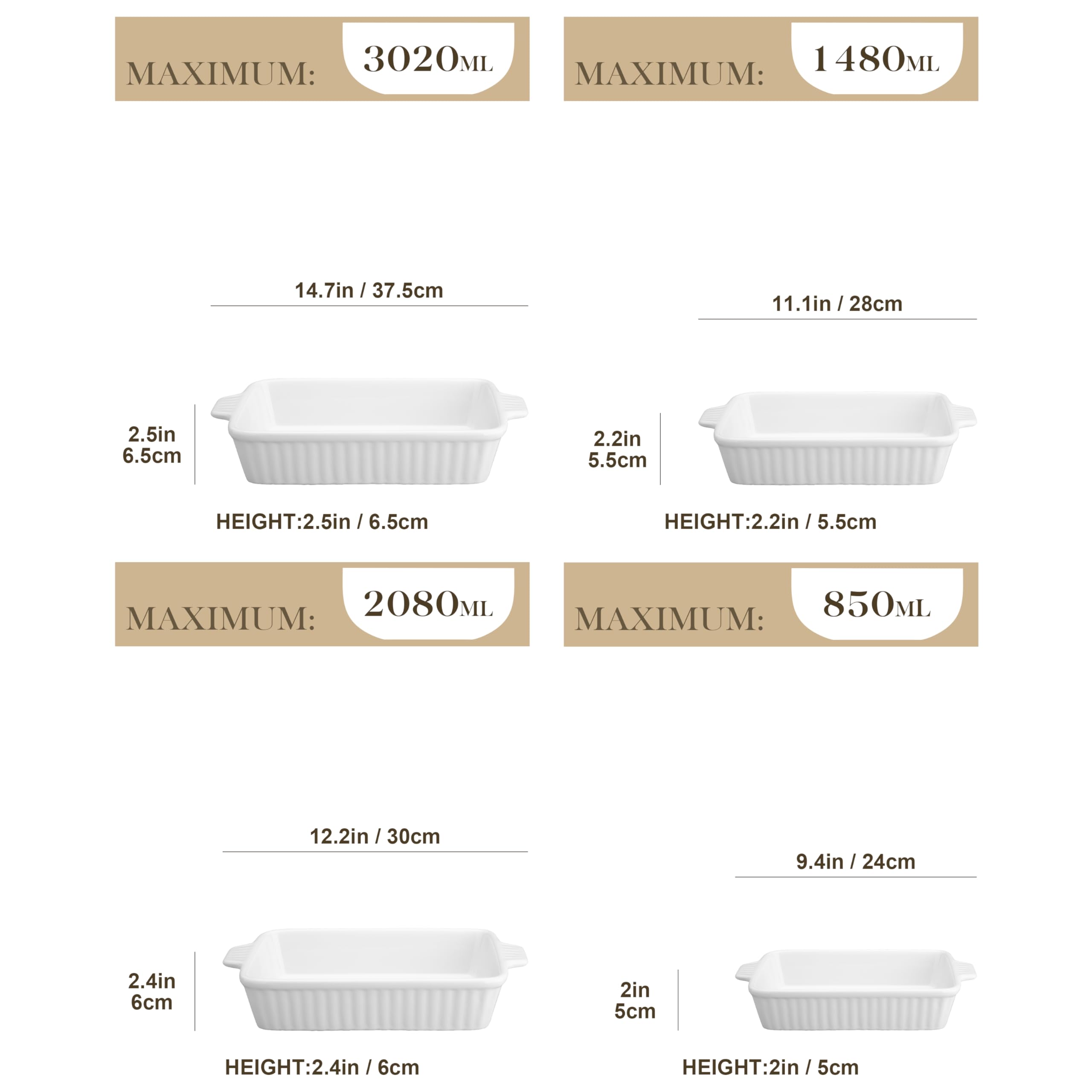 MALACASA 4-Piece Rectangular Porcelain Baking Dish Set with Handles, Blue