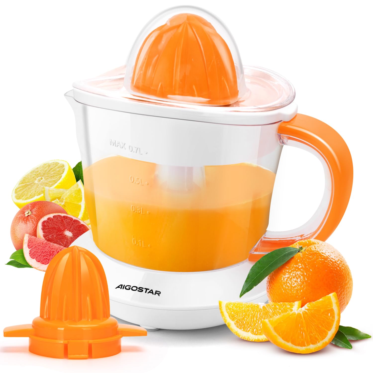 Aigostar Electric Citrus Juicer – 700ml Bowl with 2 Cones, White