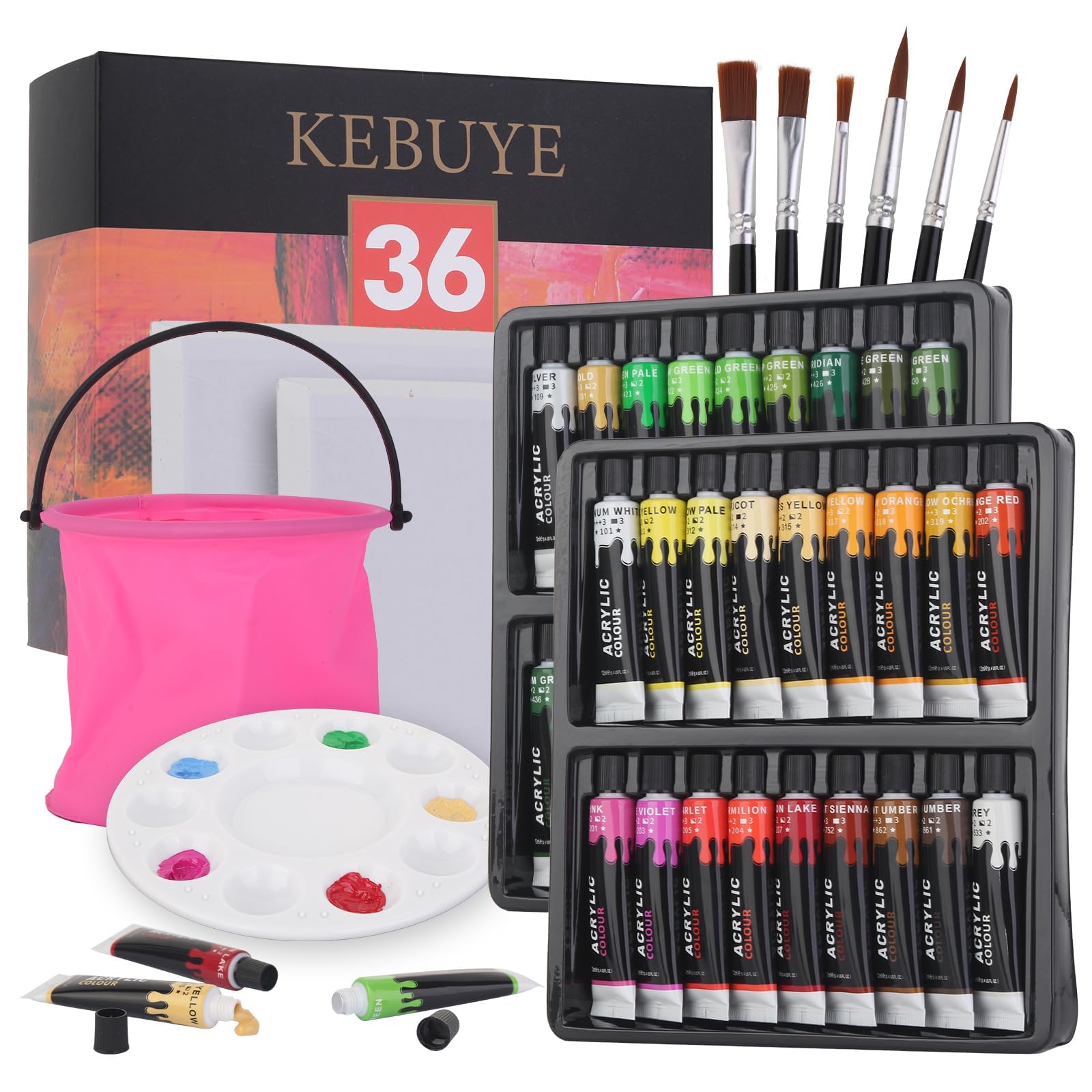 Jolof Store 36 Color Acrylic Paint Set with 6 Brushes for Multi-Surfaces