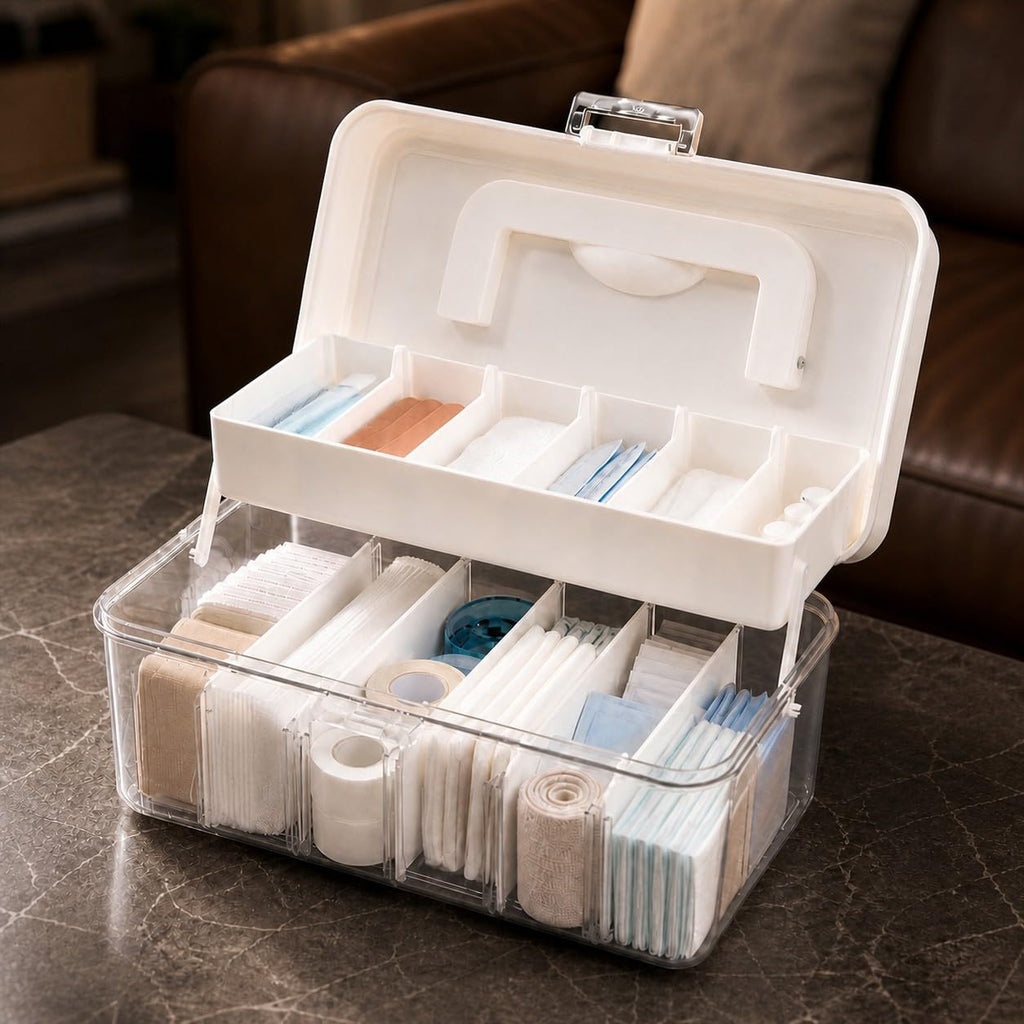 YJQXMYU Medicine Storage Box with Adjustable Dividers, 2-Layer First Aid Box, 24.5cm Multipurpose Storage Box with Lid & Handle for Medicine, Tool - image 1