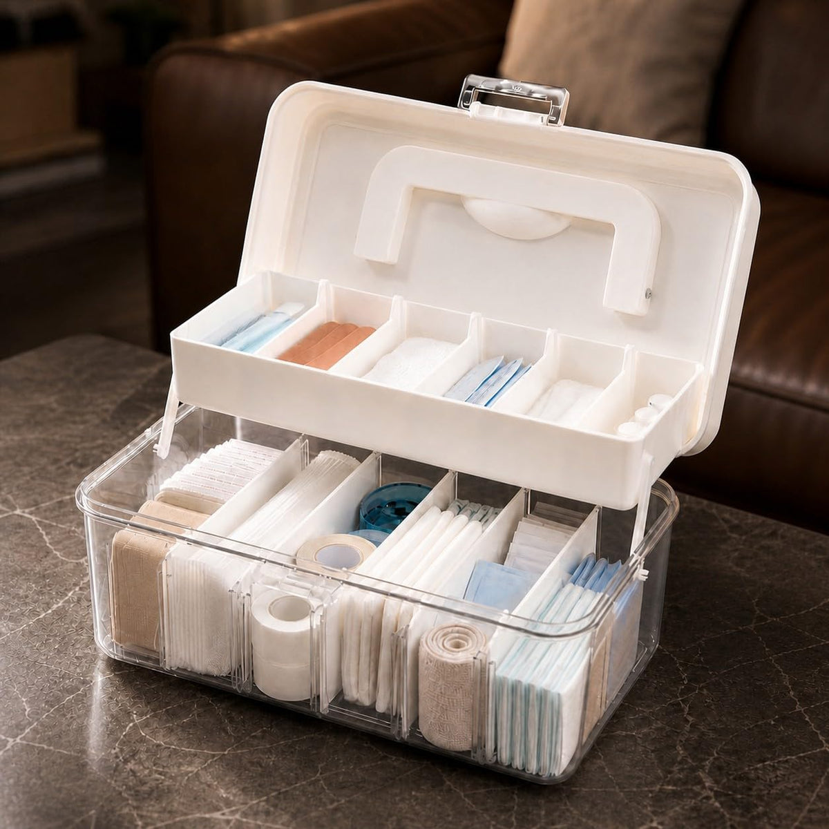 YJQXMYU Medicine Storage Box with Adjustable Dividers, 2-Layer First Aid Box, 24.5cm Multipurpose Storage Box with Lid & Handle for Medicine, Tool - image 1