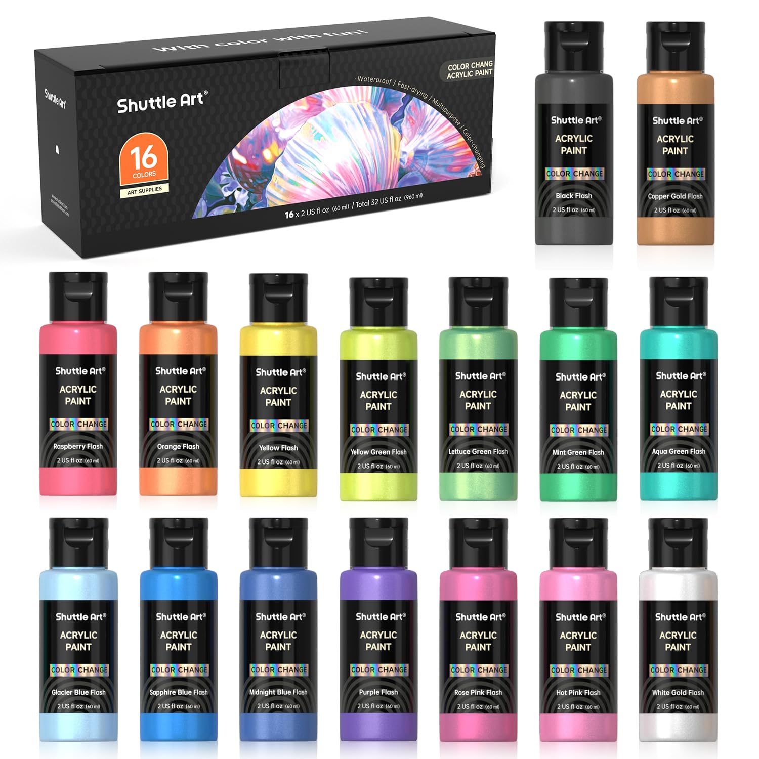Shuttle Art Chameleon Acrylic Paint Set - 16 Iridescent Colors (60ml)