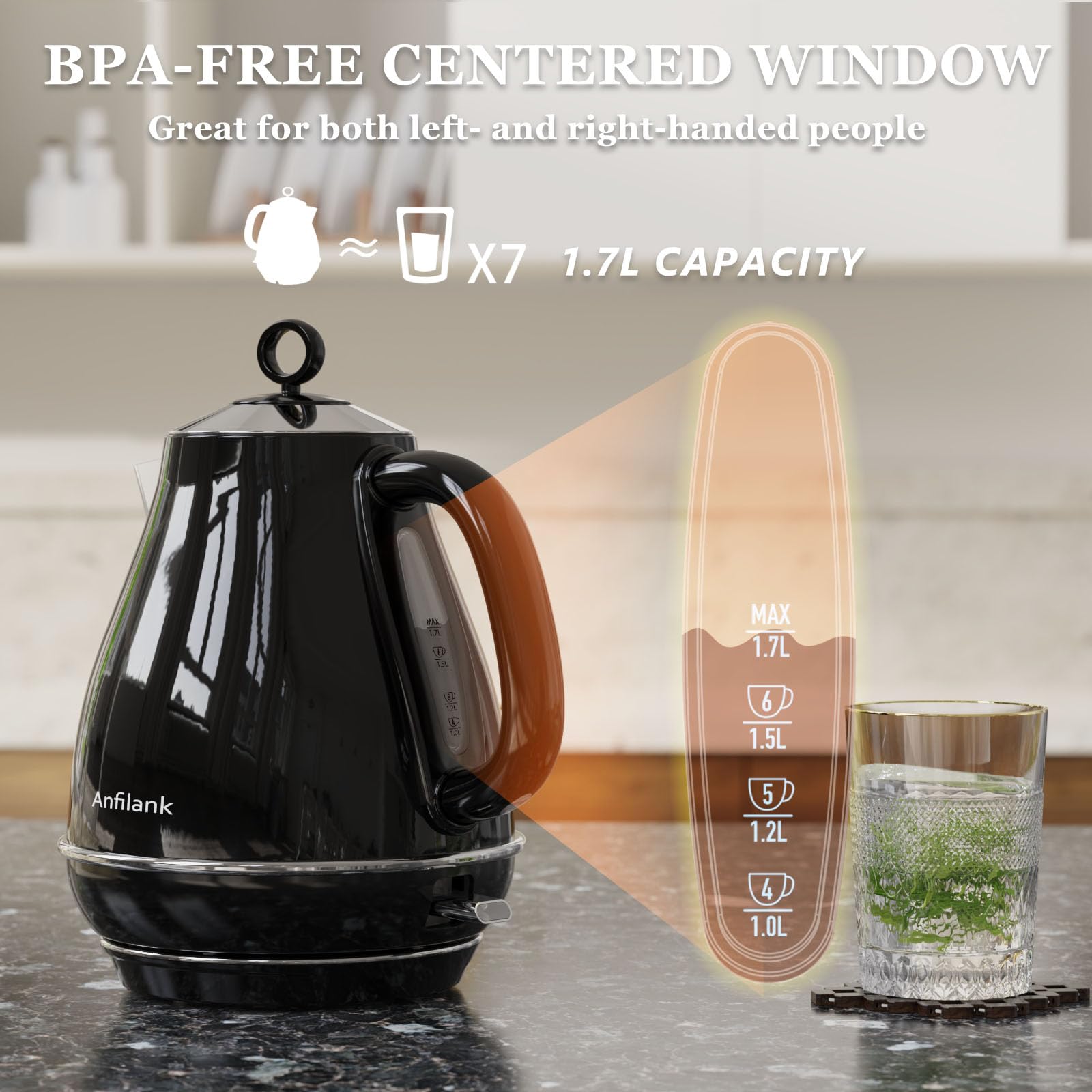 Anfilank Electric Kettle – 1.7L Fast Boil 3000W Stainless Steel, Black