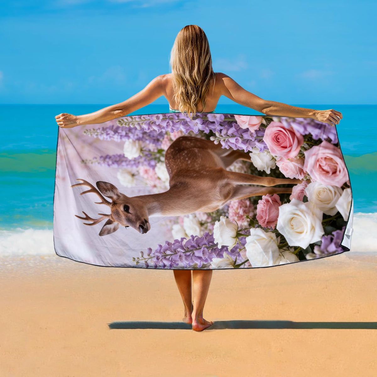 Violetpos Deer in Roses & Larkspur Beach Towel, Extra Large 180x90 cm 250GSM Microfibre, Sand Free Quick Dry - image 2