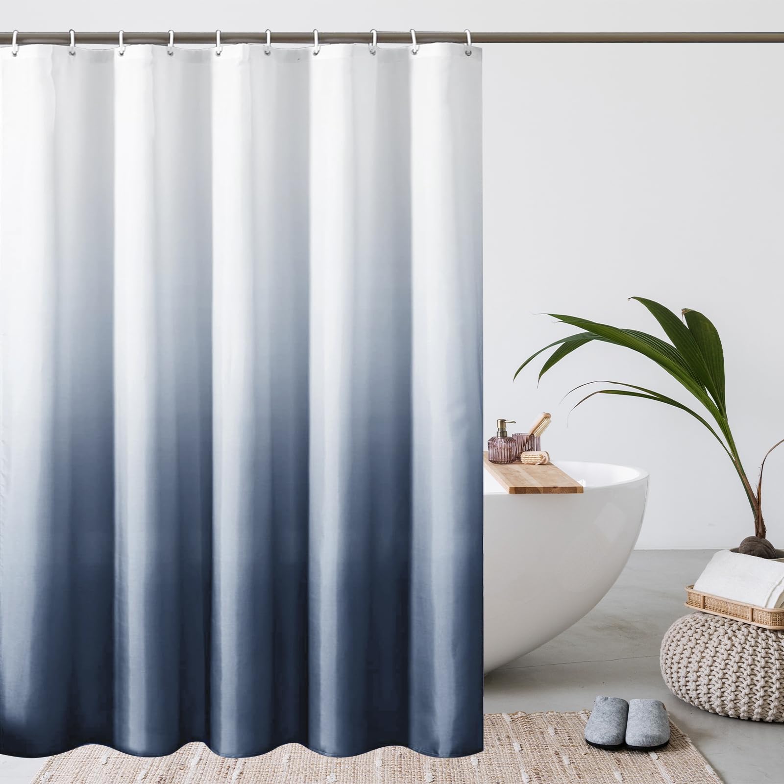 WELTRXE Ombre Navy Shower Curtain | Weighted Hem Polyester with 12 Hooks