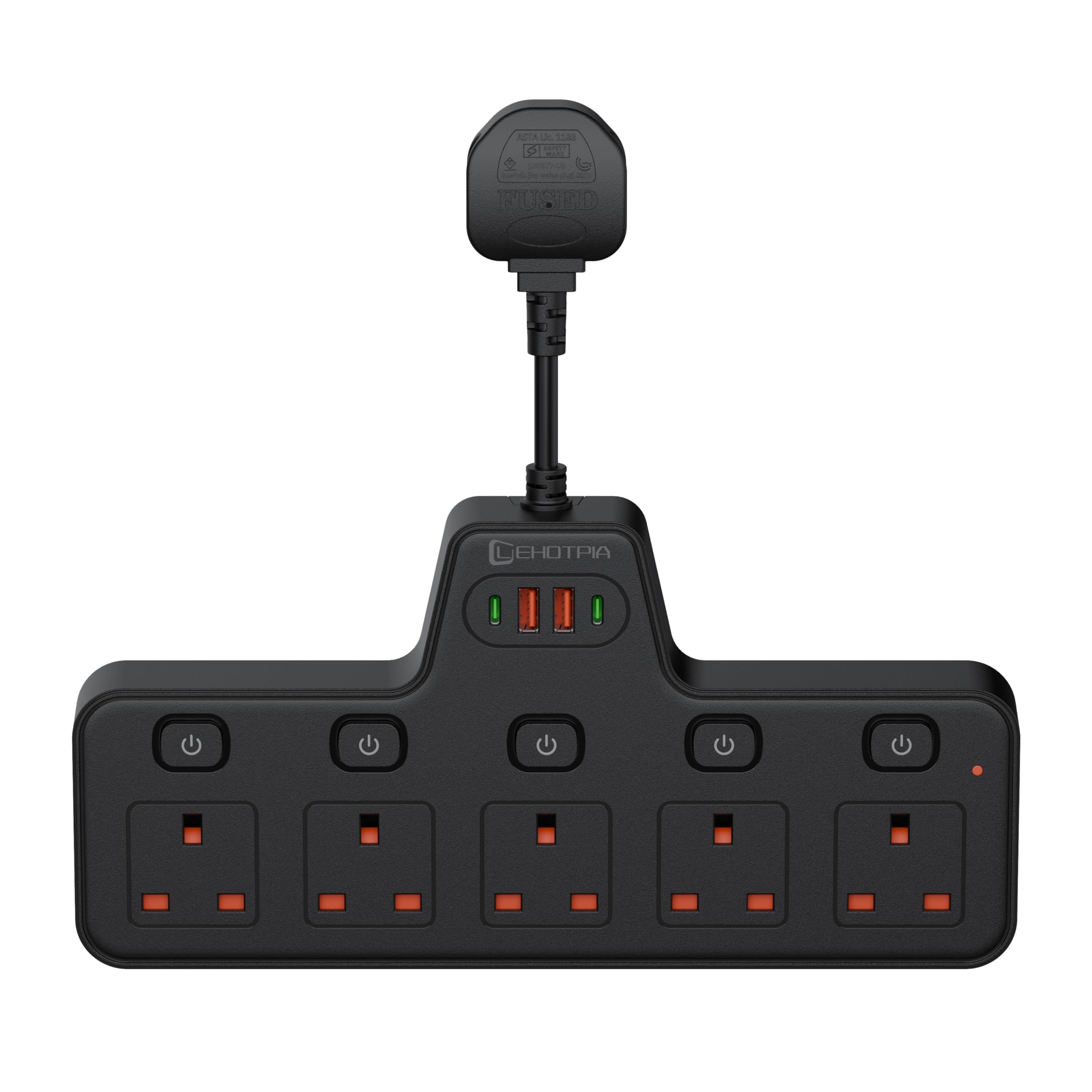 LEHOTPIA 5-Way Power Strip Extension Lead with 2 USB Slots | Black