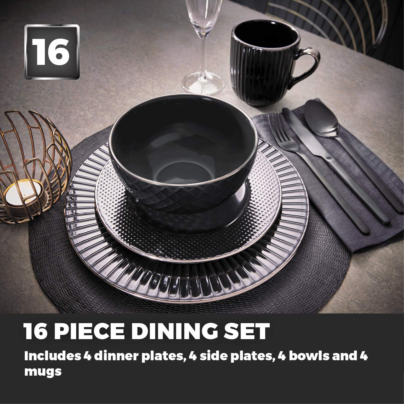 Tower Empire 16 Piece Dinnerware Set | Art Deco Stoneware - Black & Brass
