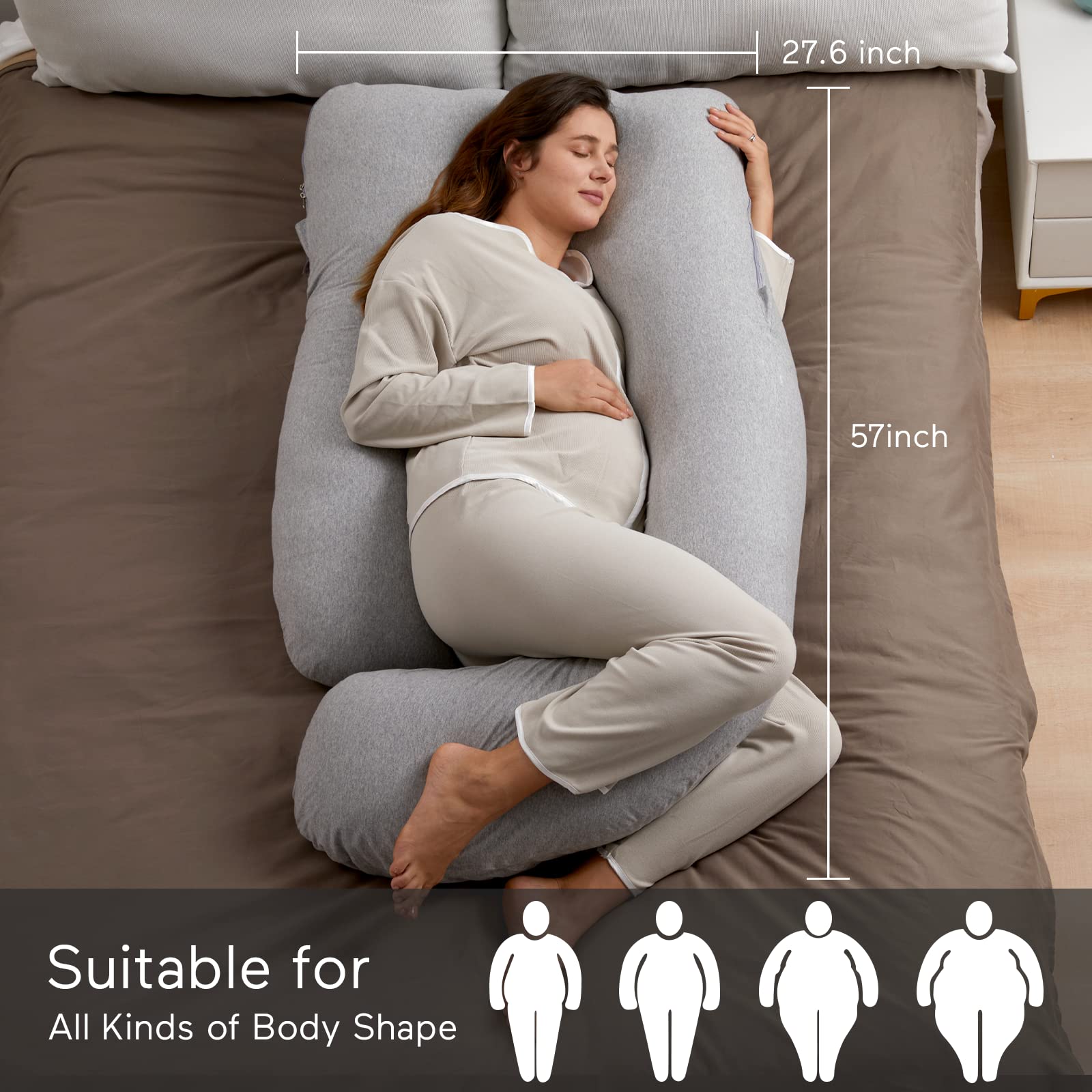 Momcozy 57-Inch U-Shaped Pregnancy Pillow | Full Body Support - Hatha Grey