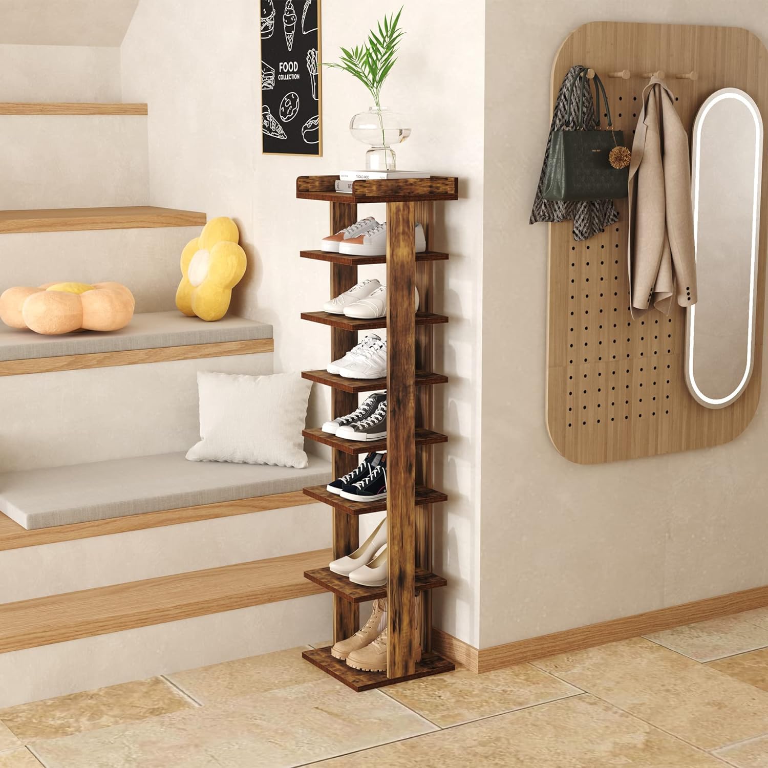 HOME BI 7-Tier Narrow Shoe Rack – Slim Wooden Corner Storage, Rustic Brown