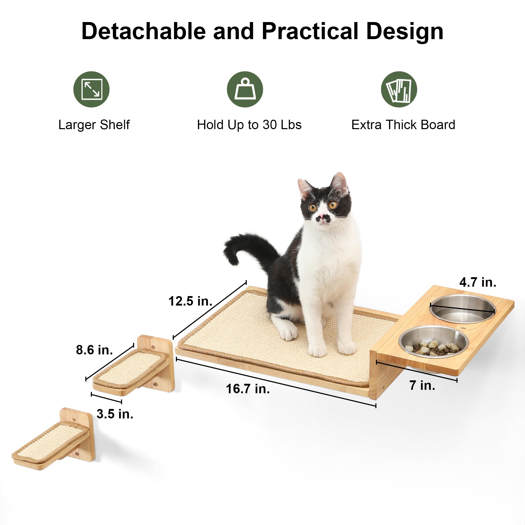 FUKUMARU 3-in-1 Cat Wall Shelves | Solid Wood Perch & Food Station Set
