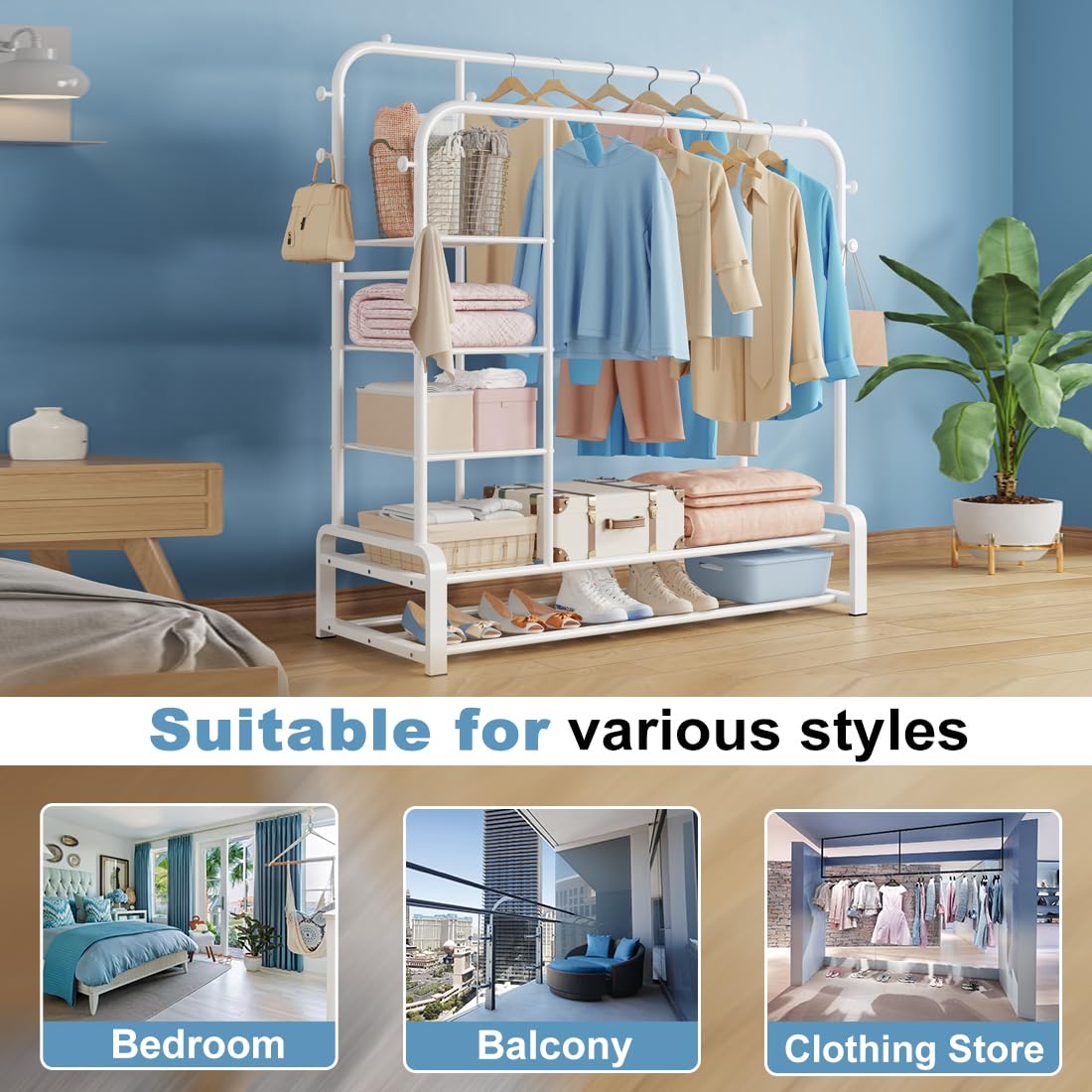 SMILOVII Heavy Duty Double Rail Clothes Rack – Metal Wardrobe with Shelves