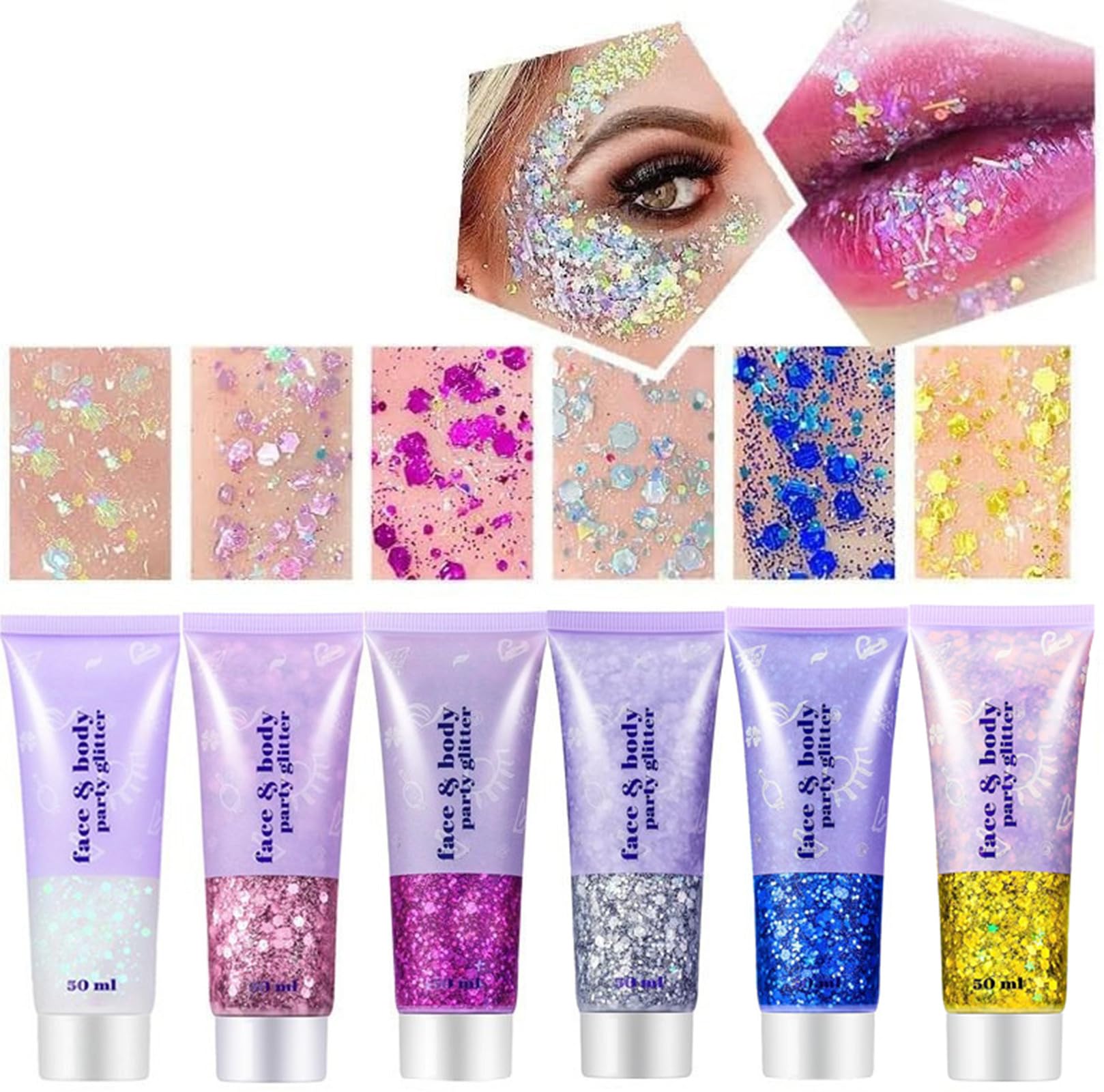 Go Ho 6 Colors Face Body Glitter Gel – Holographic Festival Chunky Sequins