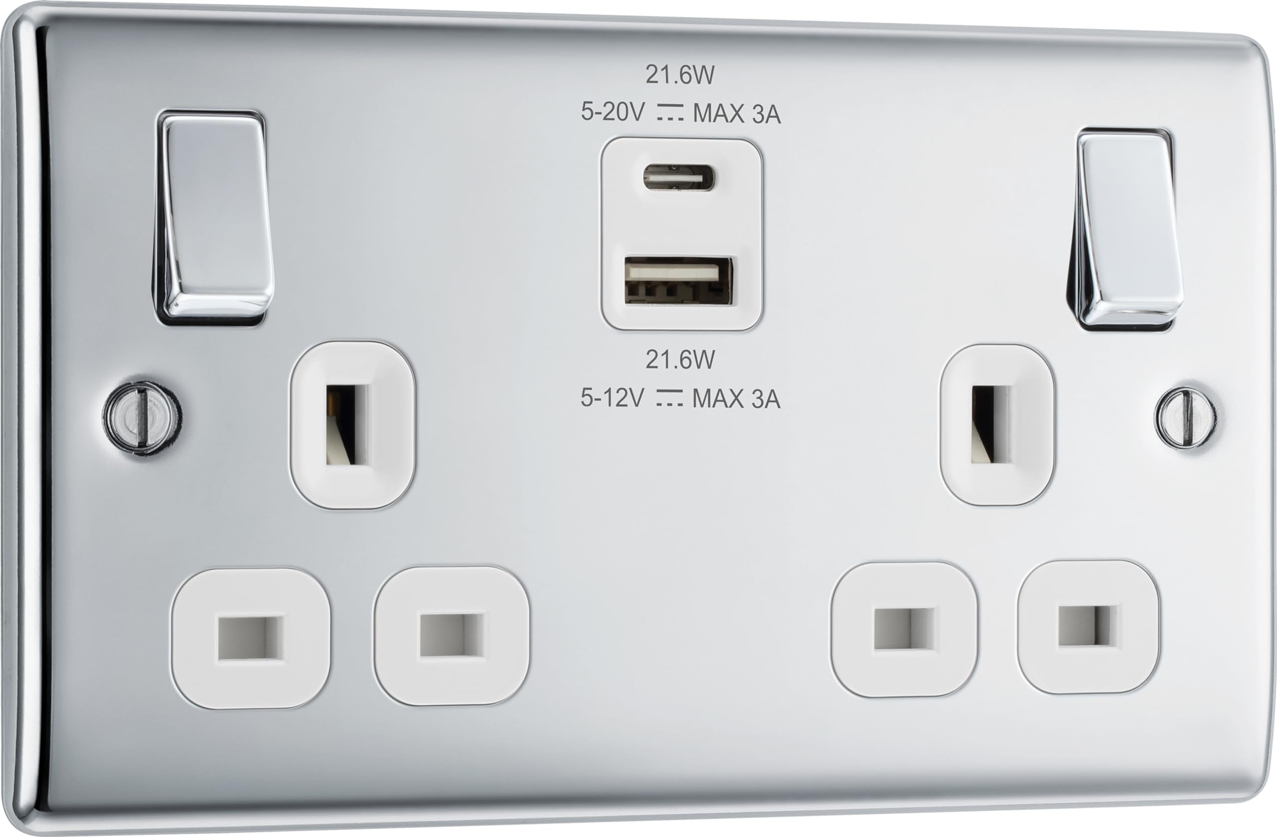 BG Electrical Double Switched Socket | Polished Chrome Fast Charge USB