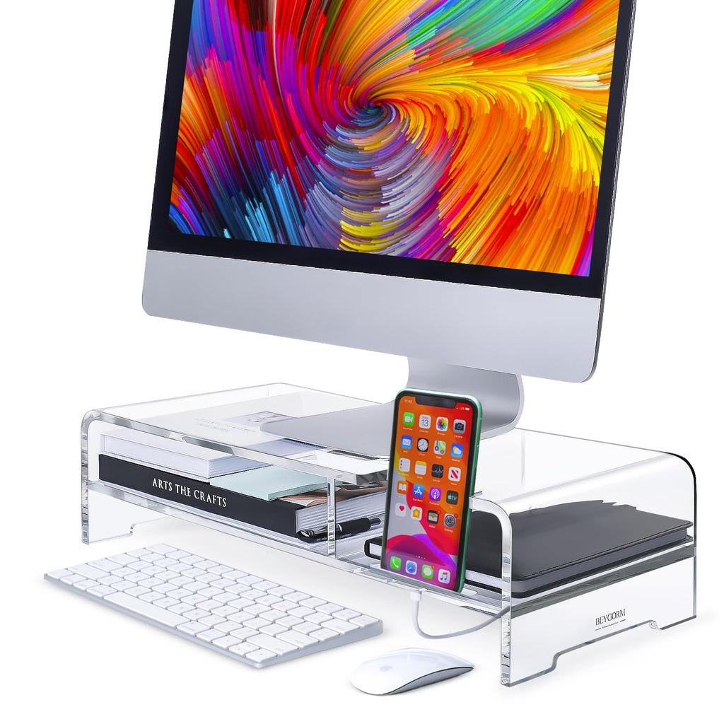 BEYGORM Acrylic Monitor Stand Riser, Wide 20", 2 Tier Computer with Storage, Desk Organizer Desktop Printer Laptop Storage Shelf Screen Holder Phone - image 1