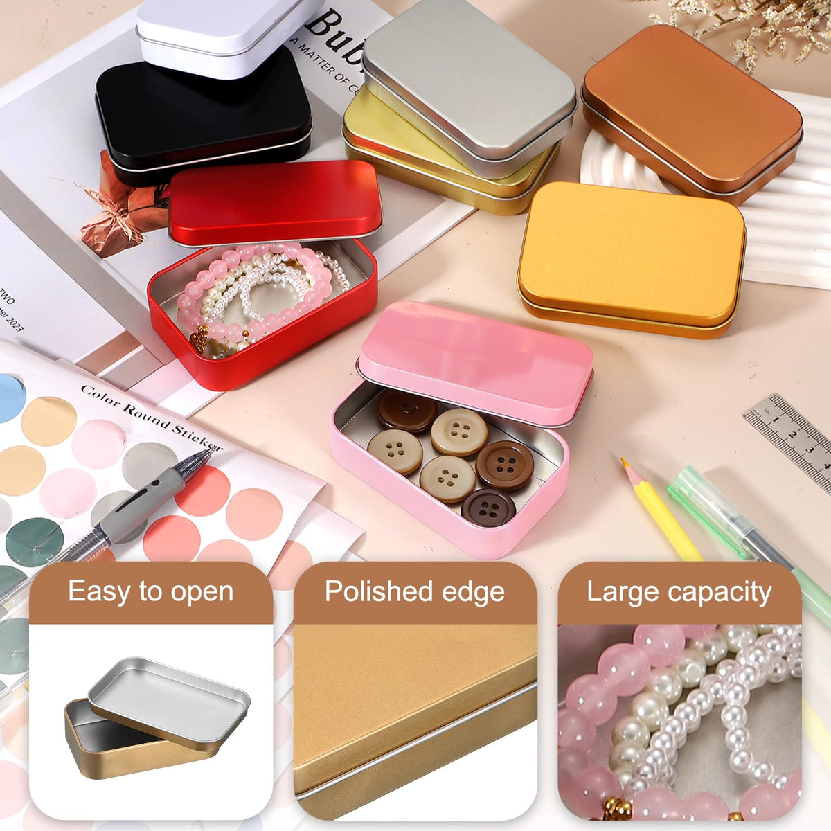 sourcing map 4Pcs Metal Tin Box Container, 3.7x2.4x0.9 Rectangular Empty Box with Self Adhesive Colored Stickers - image 3