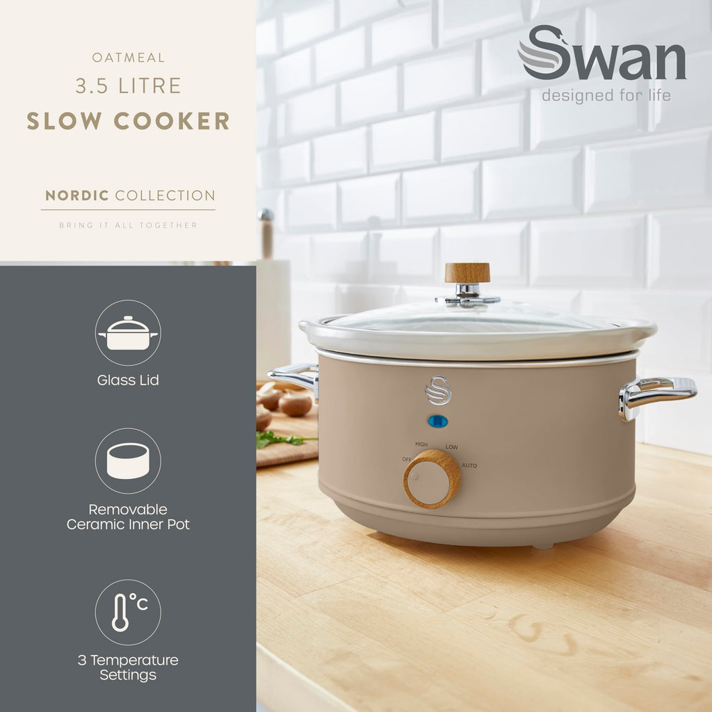 Swan Nordic Slow Cooker – 3.5L Ceramic Pot with Glass Lid, Oatmeal