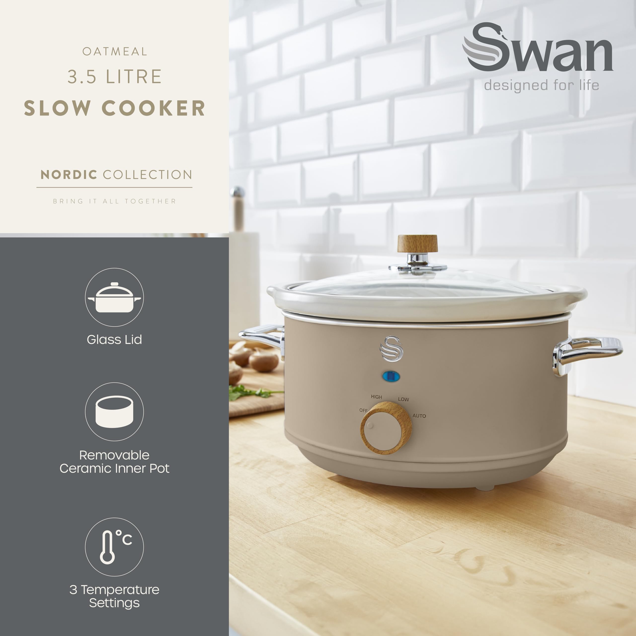 Swan Nordic Slow Cooker – 3.5L Ceramic Pot with Glass Lid, Oatmeal