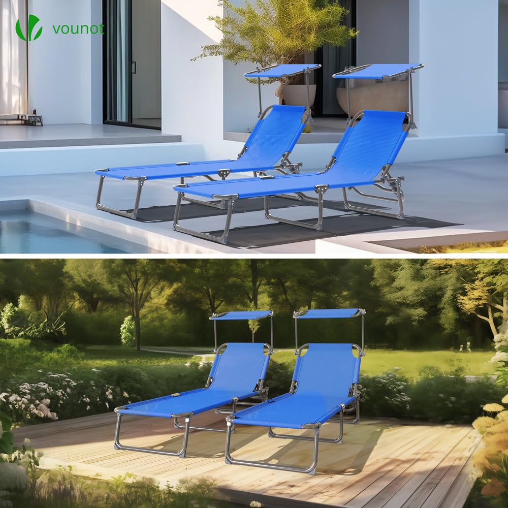 VOUNOT Folding Sun Loungers Set of 2 | Reclining Textilene Sunbeds - Blue