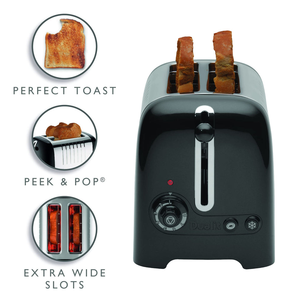 Dualit 2 Slice Lite Toaster | Polished with Black Trim | 36mm Wide Slots