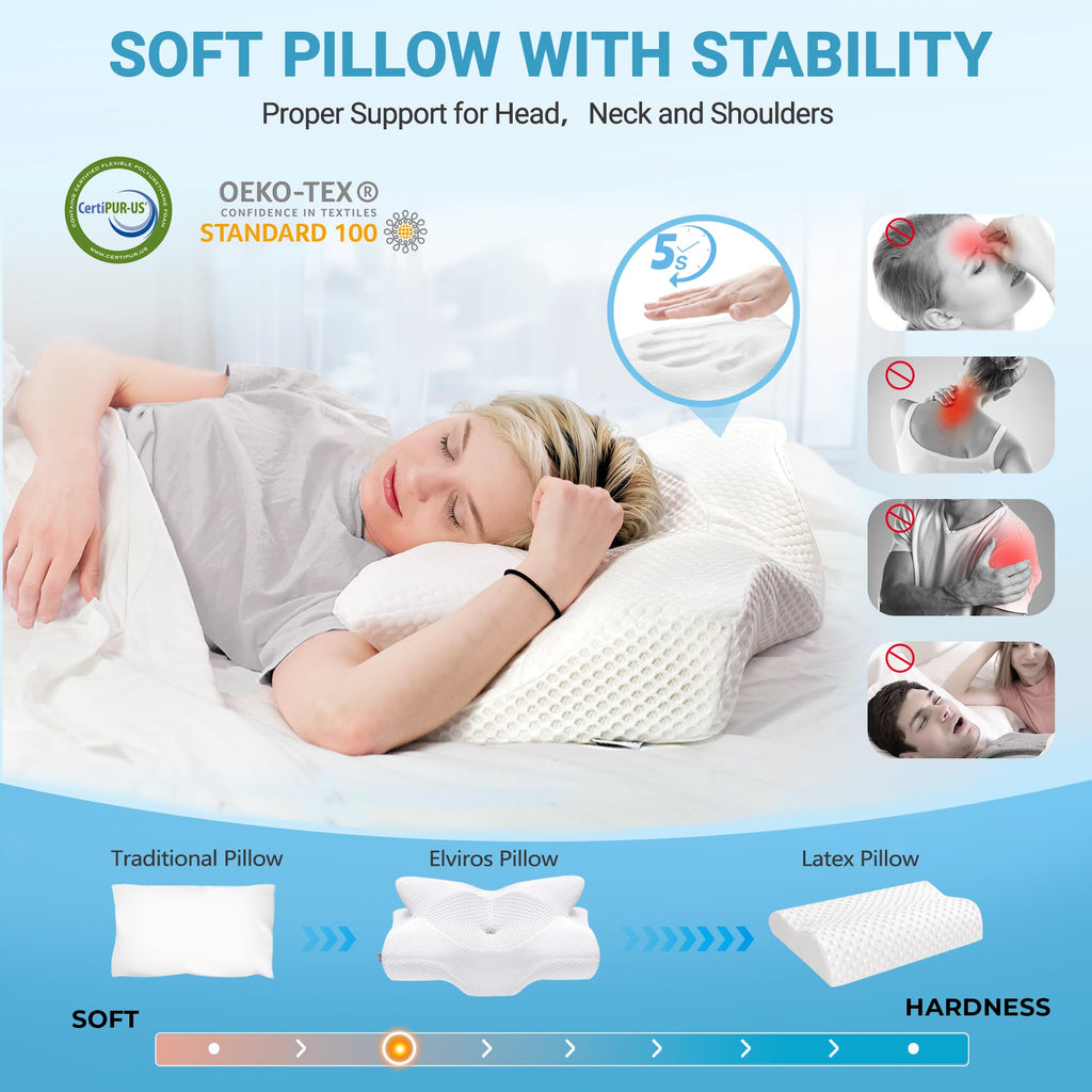 Elviros Cervical Memory Foam Pillow – Orthopedic Neck Support for Pain