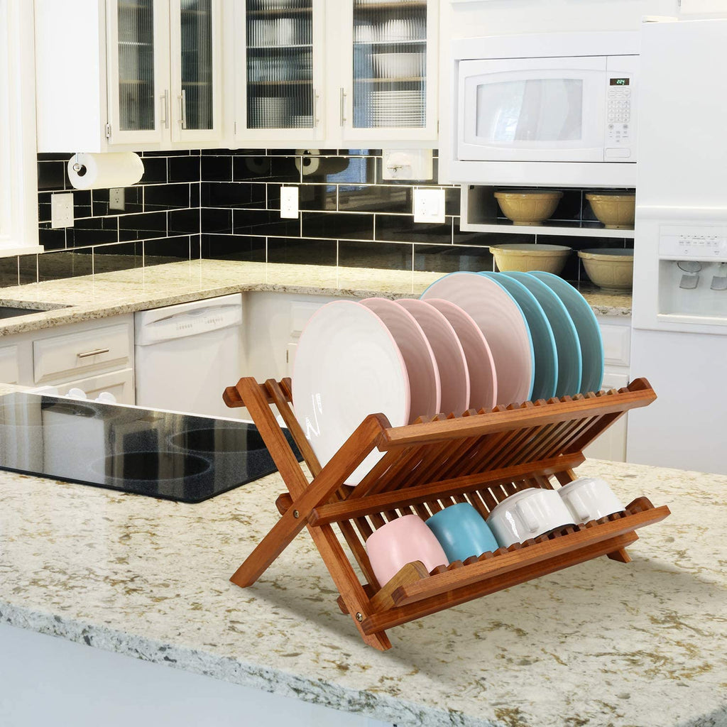 Utoplike Teak Wood Dish Drying Rack – Collapsible 2-Tier Plate Drainer