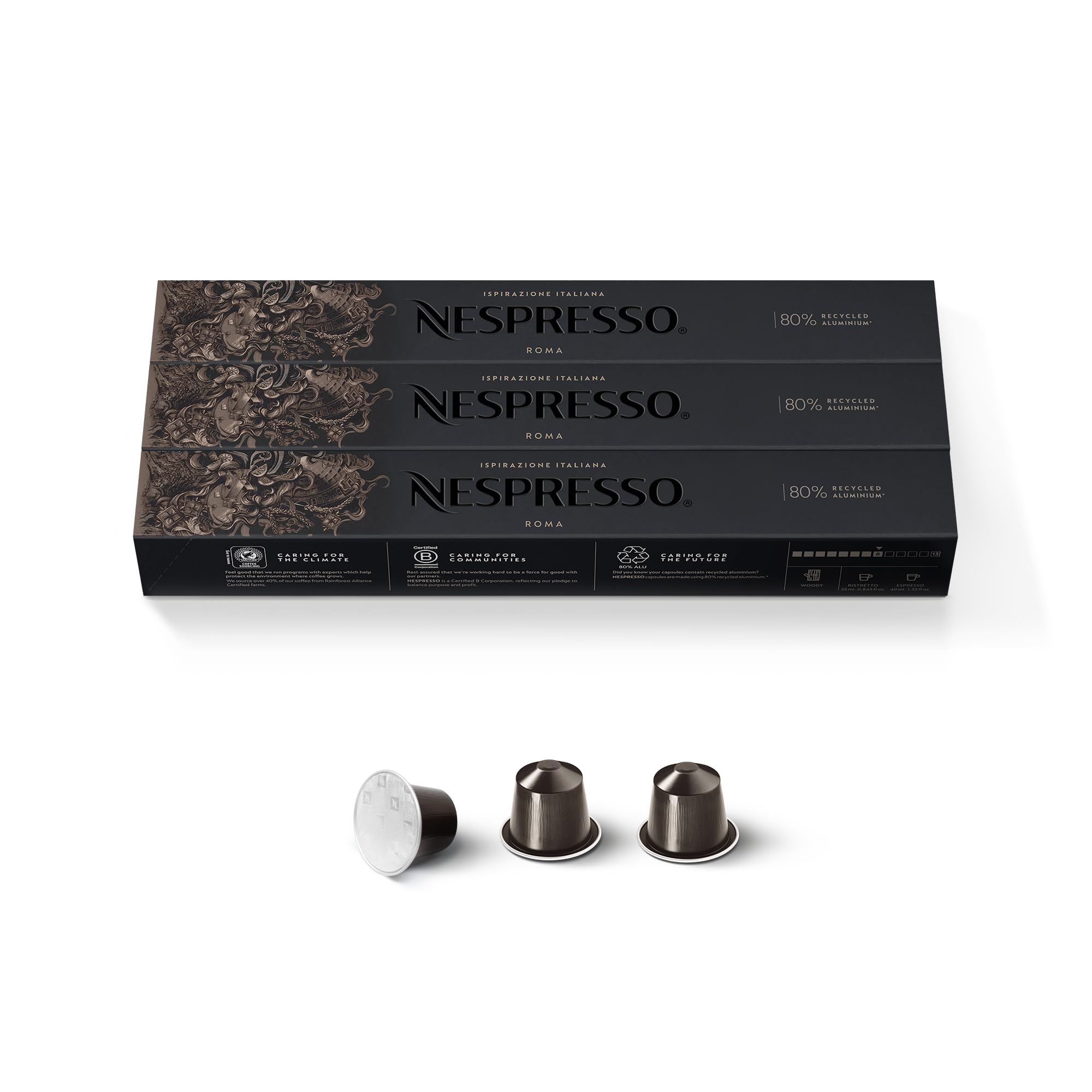 Nespresso Roma Espresso Coffee Pods – 30 Dark Roast Capsules by Nestle