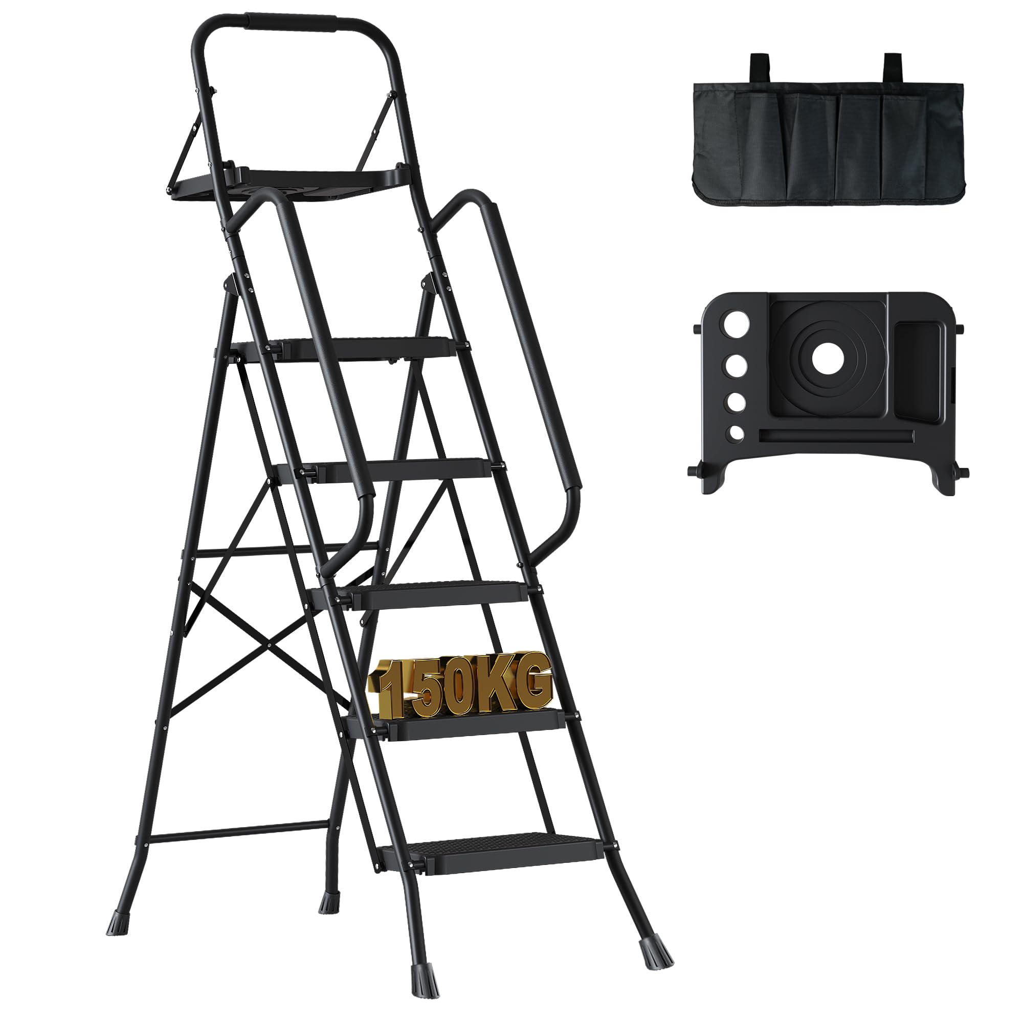 BONTEC 5 Step Folding Ladder with Tool Bag and Wide Anti-Slip Pedals
