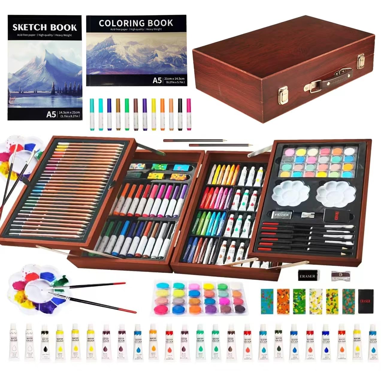 Kinspory 139 PCS Kids Art Set | Deluxe Painting & Drawing Case (Brown)