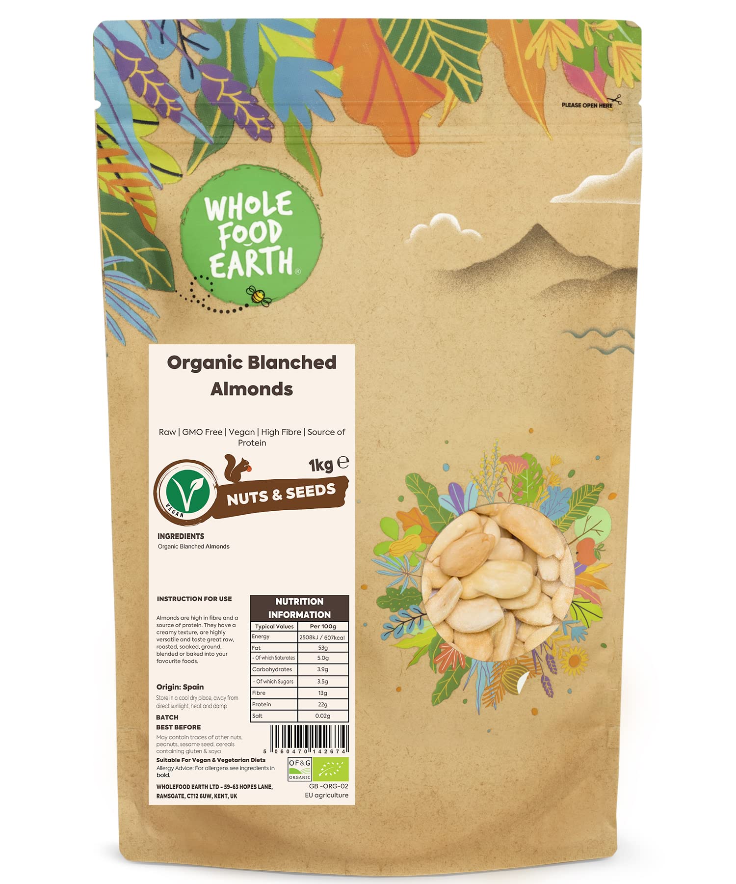 Wholefood Earth Organic Blanched Almonds – 1kg Raw Vegan High Fibre