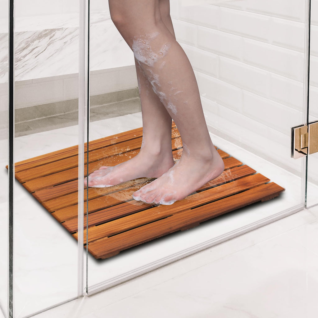 VaeFae Teak Shower Mat – Non-Slip Wooden Spa Bath Mat, 50.8 x 50.8 cm