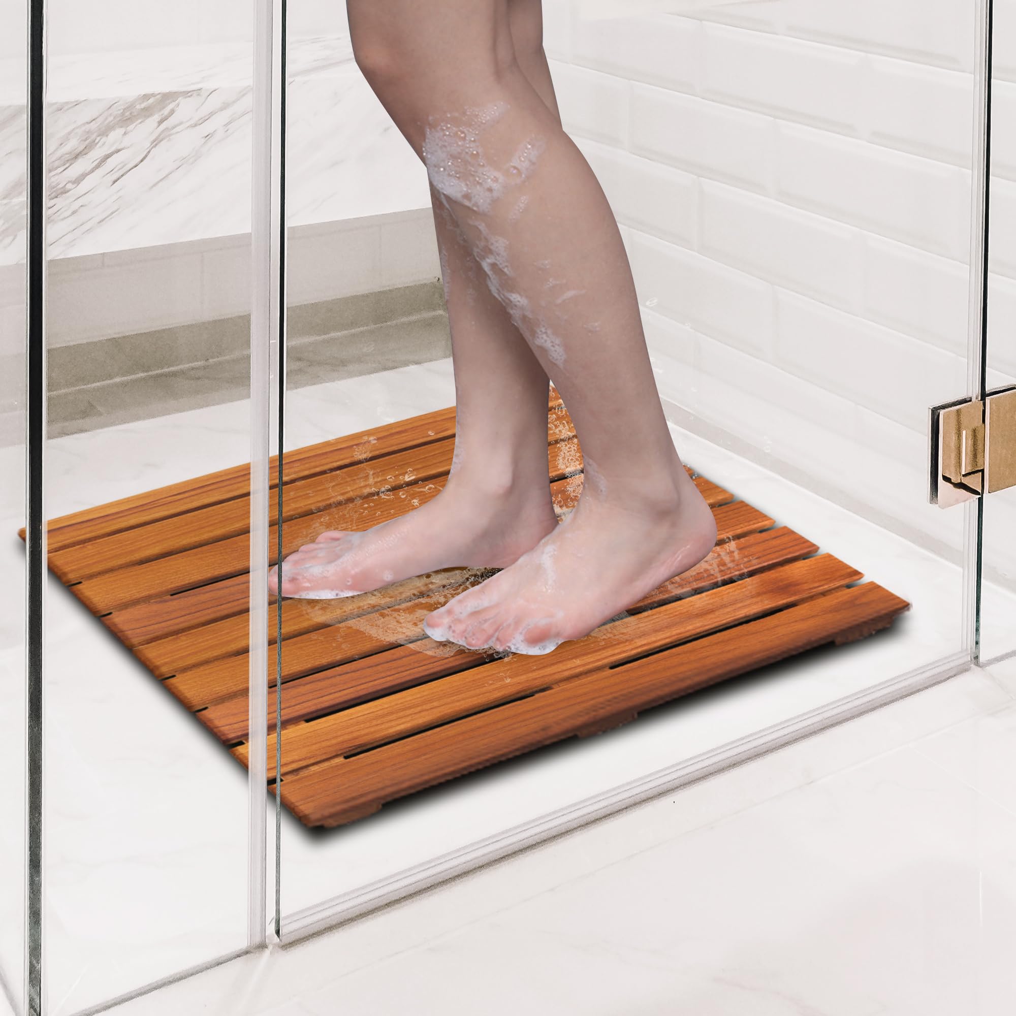 VaeFae Teak Shower Mat – Non-Slip Wooden Spa Bath Mat, 50.8 x 50.8 cm