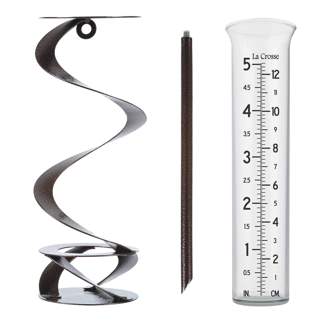 La Crosse Helix Spiral Metal Rain Gauge – Hammered Bronze Artisan Glass
