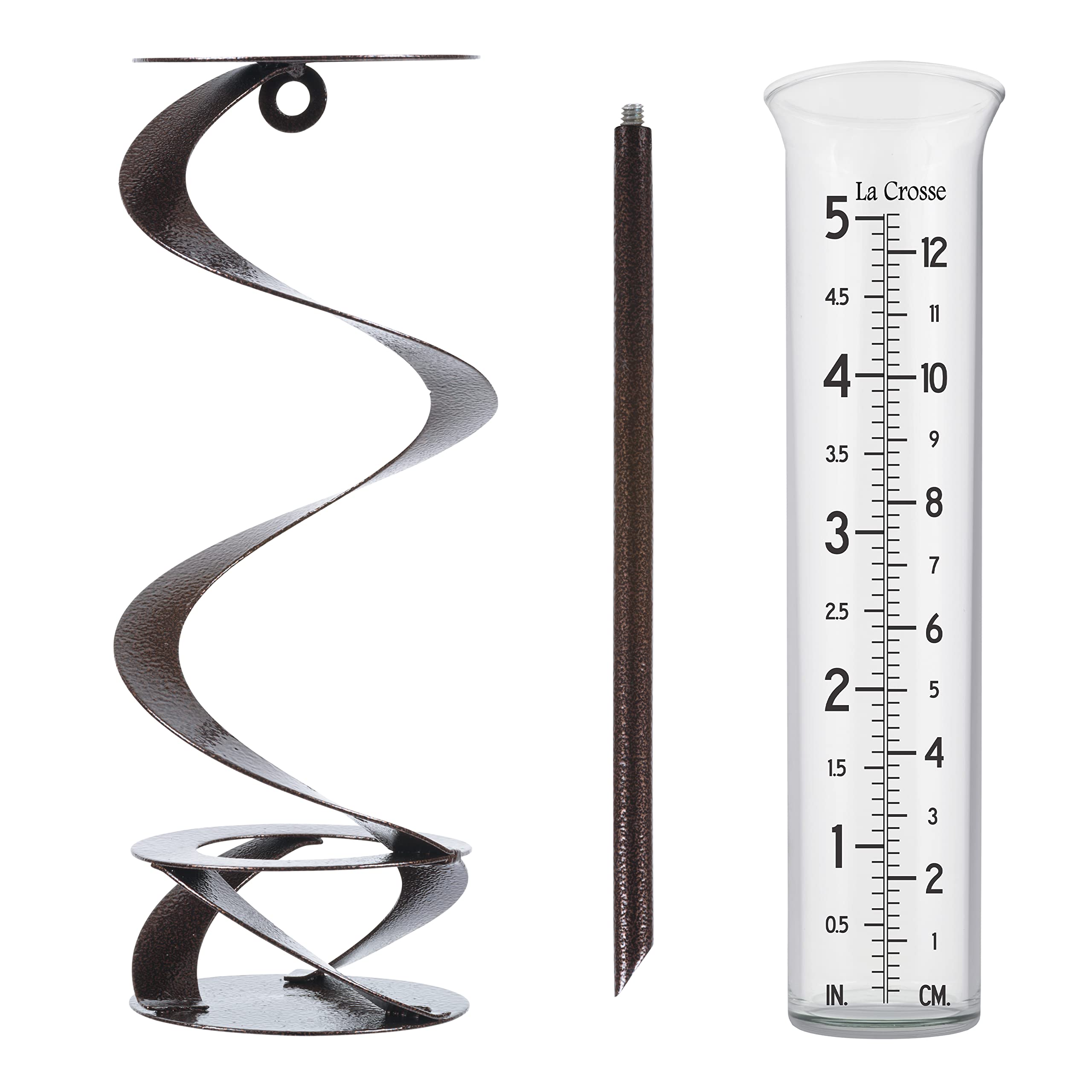 La Crosse Helix Spiral Metal Rain Gauge – Hammered Bronze Artisan Glass