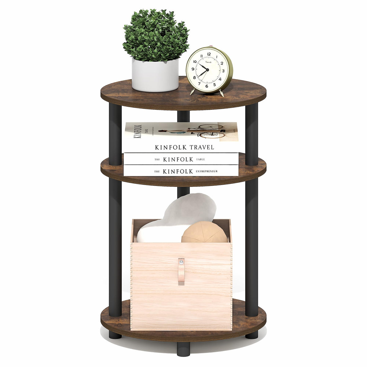 Furinno TURN-N-TUBE Side Table, 3-Tier Oval End Table, Night Stand, Bedside Table, for Living Room, Bedroom, Amber Pine/Black - image 3