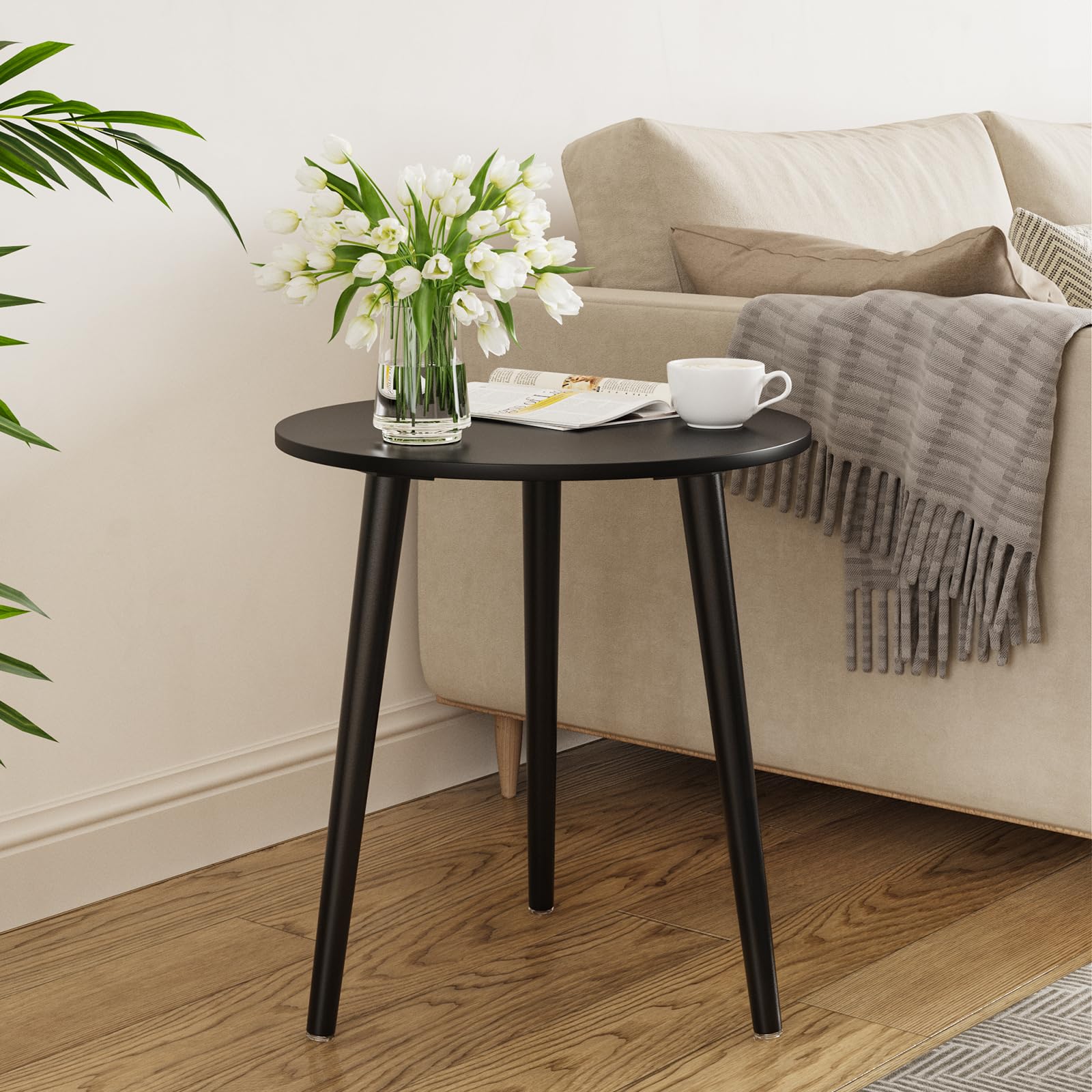 APICIZON Round Side Table – Black Wooden End Table for Small Spaces