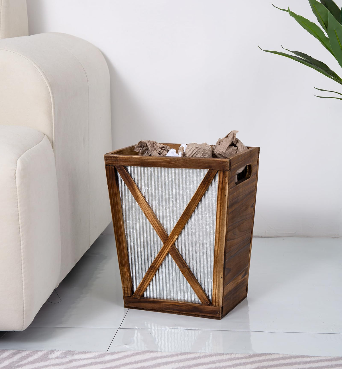 Venalys Small Wood Trash Can Wastebasket, Decorative Barn Door Garbage Can Waste Basket, Rustic Distressed Rectangular Trash Bin - image 4