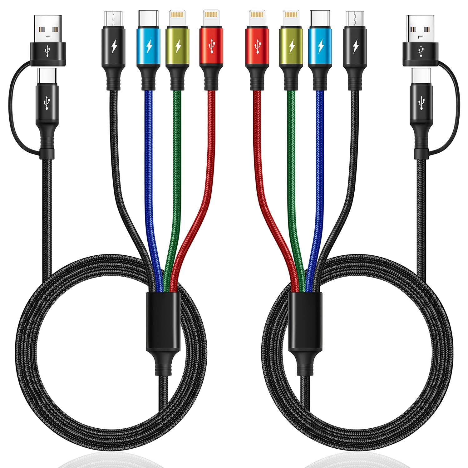 Minlu 4-in-2 Multi Charging Cable | 2-Pack 1.2m Nylon Braided USB Cord