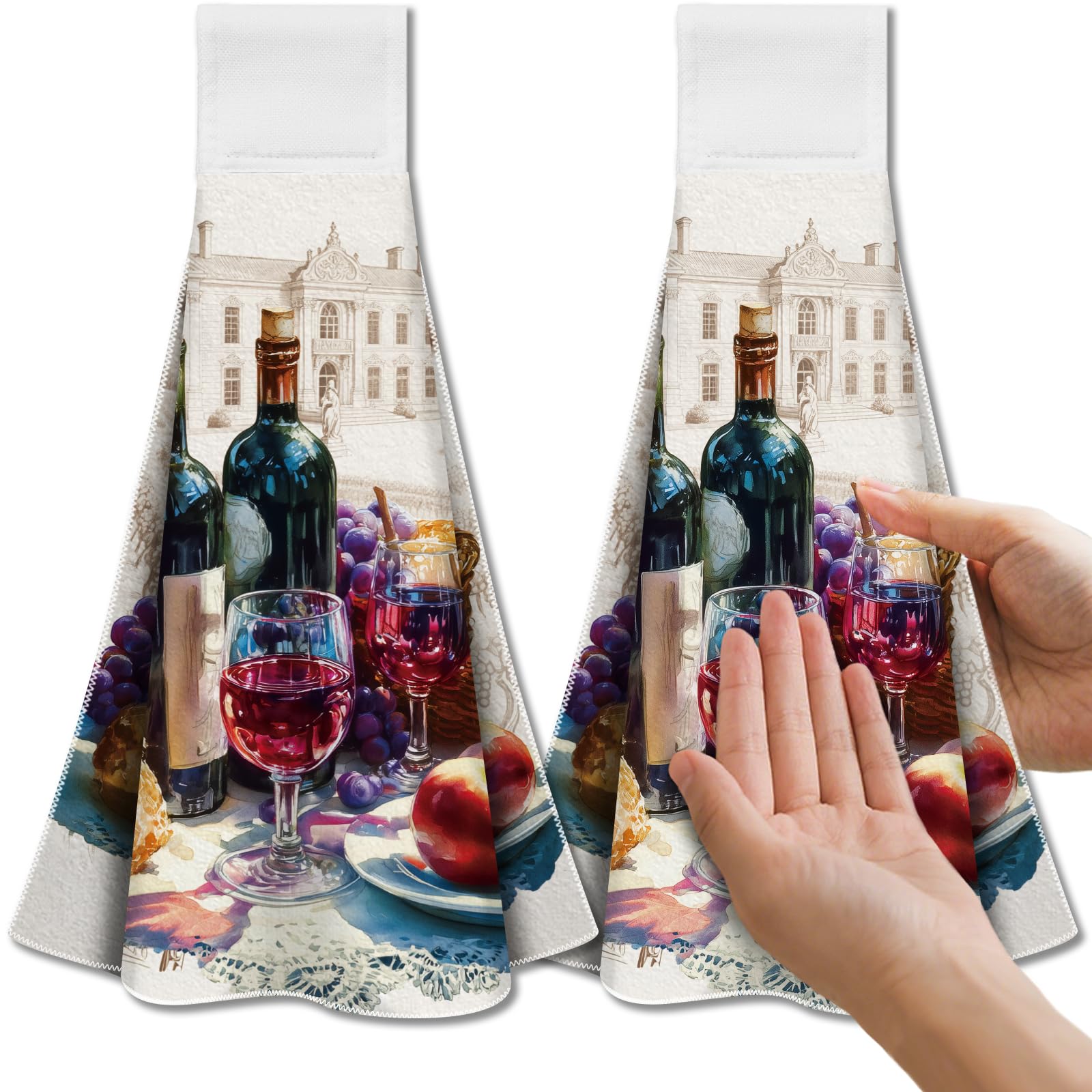 CUTHOLLOW Wine Hanging Kitchen Towels - Set of 2 Absorbent Microfiber
