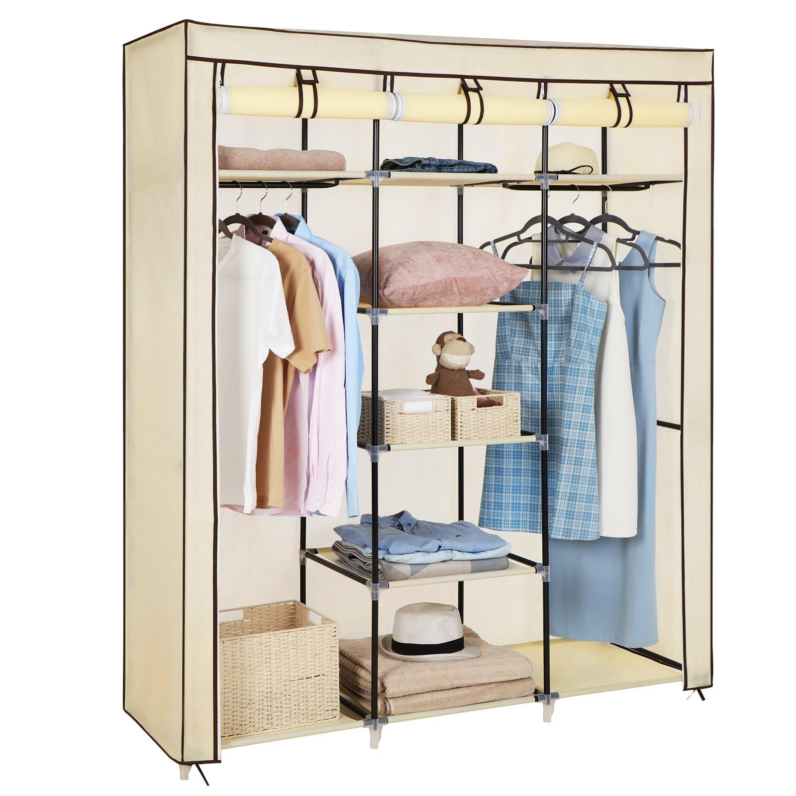 Songmics Fabric Wardrobe – Foldable Closet with 2 Clothes Rails, Beige