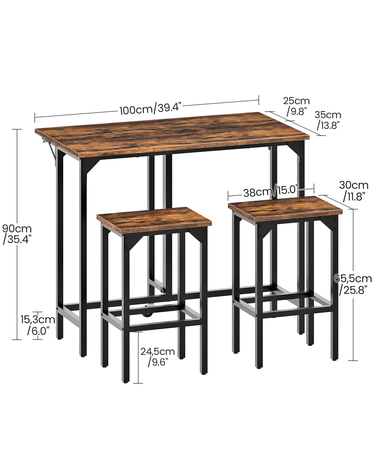 CHOEZON Breakfast Bar Table with 2 Bar Stools, 100 cm Folding Dining Table with 2 Stools, Dining Table Set, Industrial Steel Frame, for Restaurant - image 5