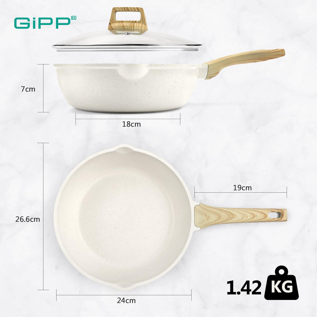GiPP Nonstick Deep Frying Pan – 2.6L White Granite Saute Pan with Lid