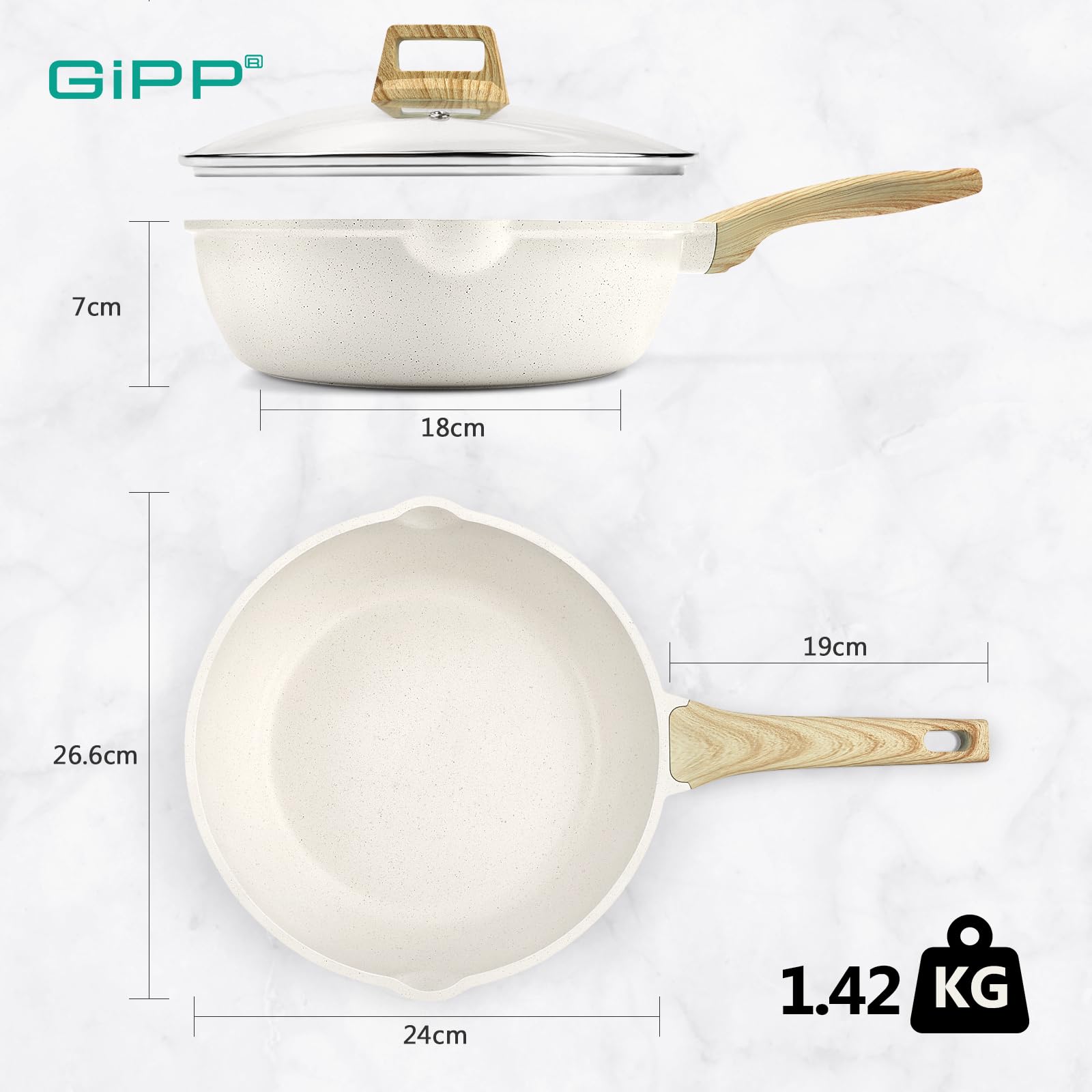 GiPP Nonstick Deep Frying Pan – 2.6L White Granite Saute Pan with Lid