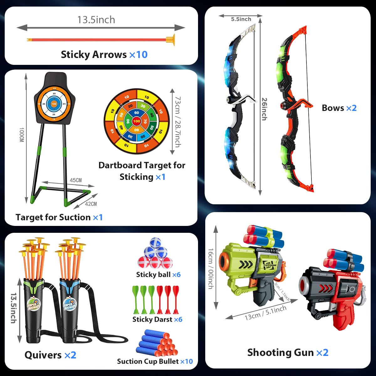 VATOS 2-Pack Archery Set for Kids – Light Up Bow and Arrow Toy with Target