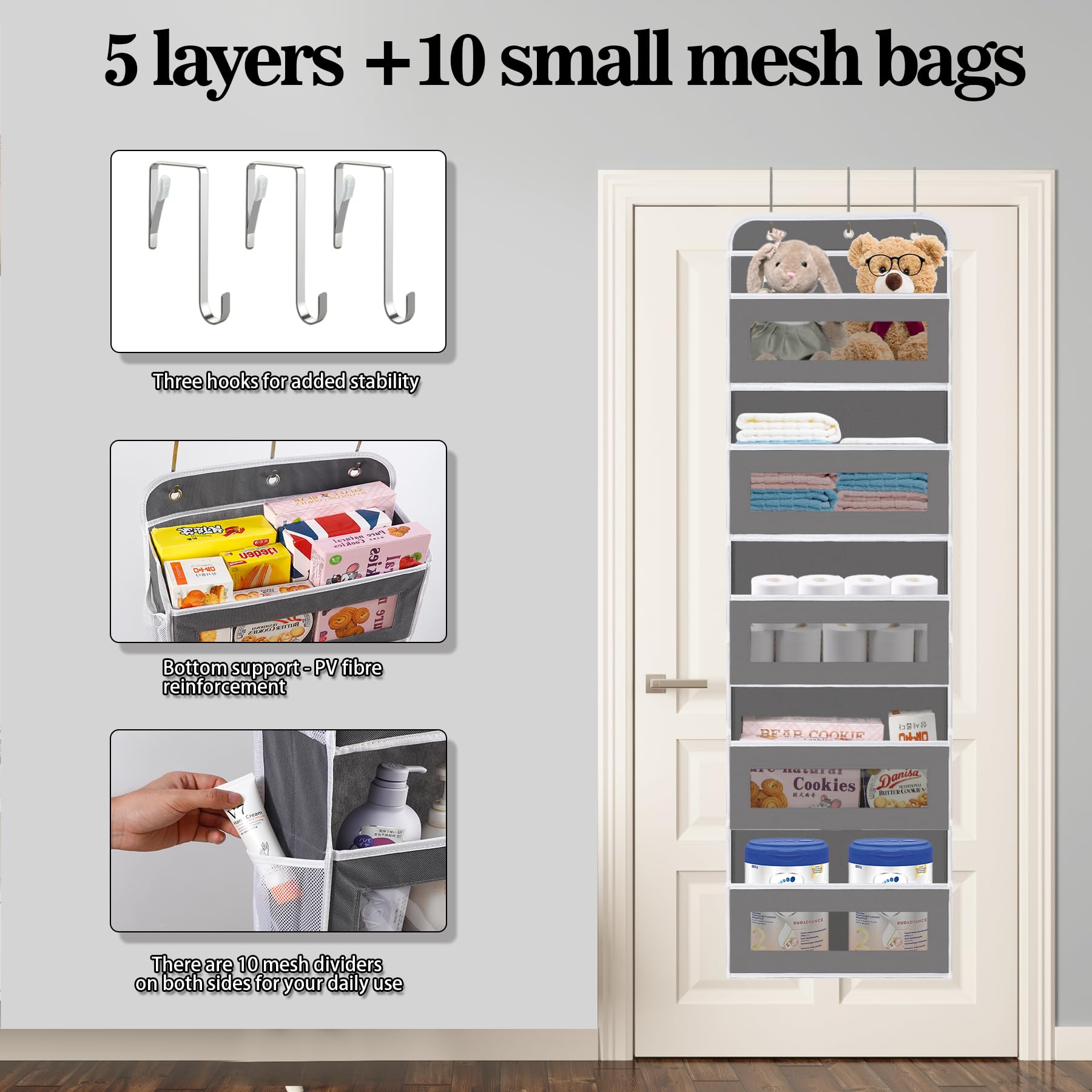 KYEVIS Over The Door Organizer 2 Pack – 5 Shelf Nursery Storage, Gray