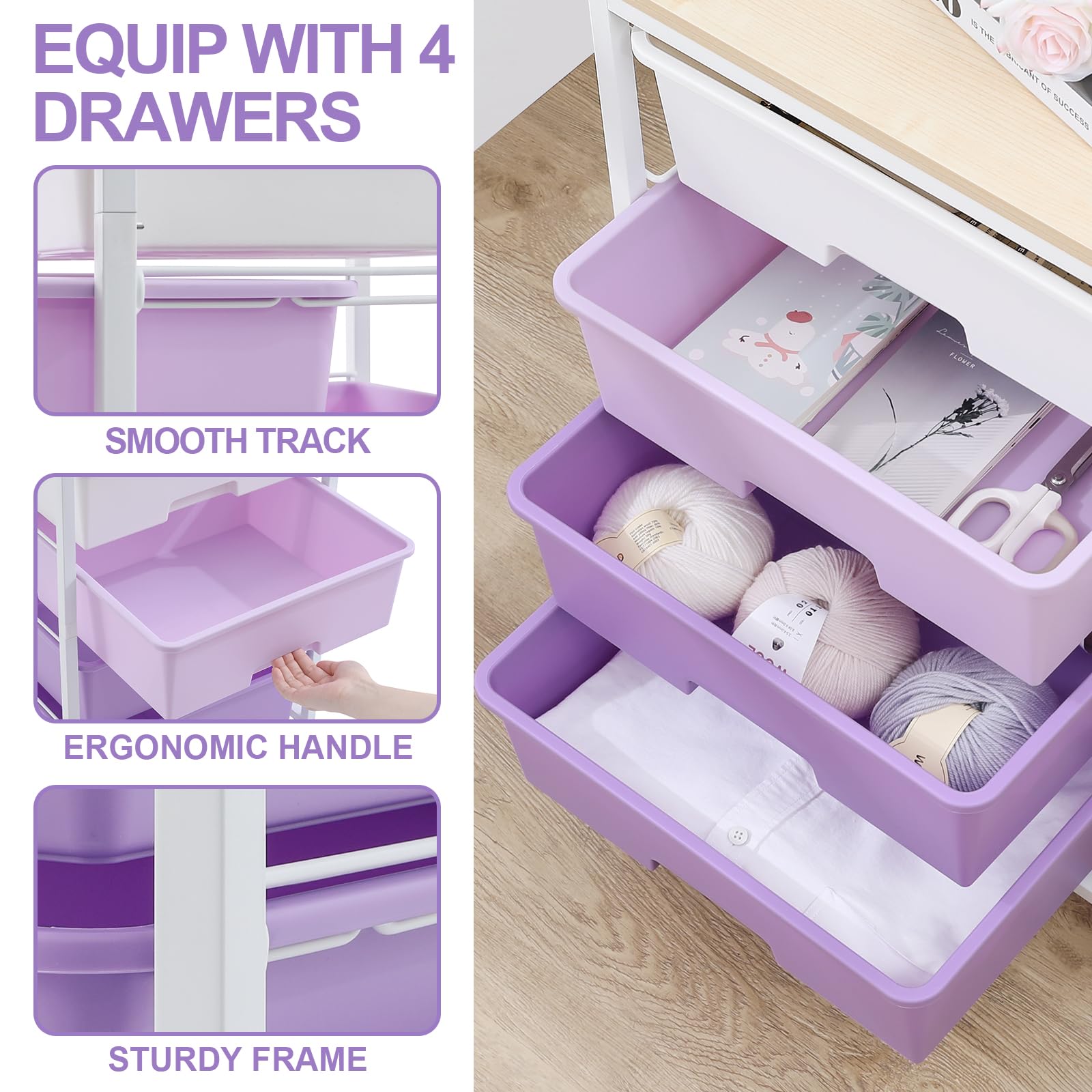 SYKIARIOL 4-Drawer Rolling Storage Cart – Wooden Top Utility Trolley