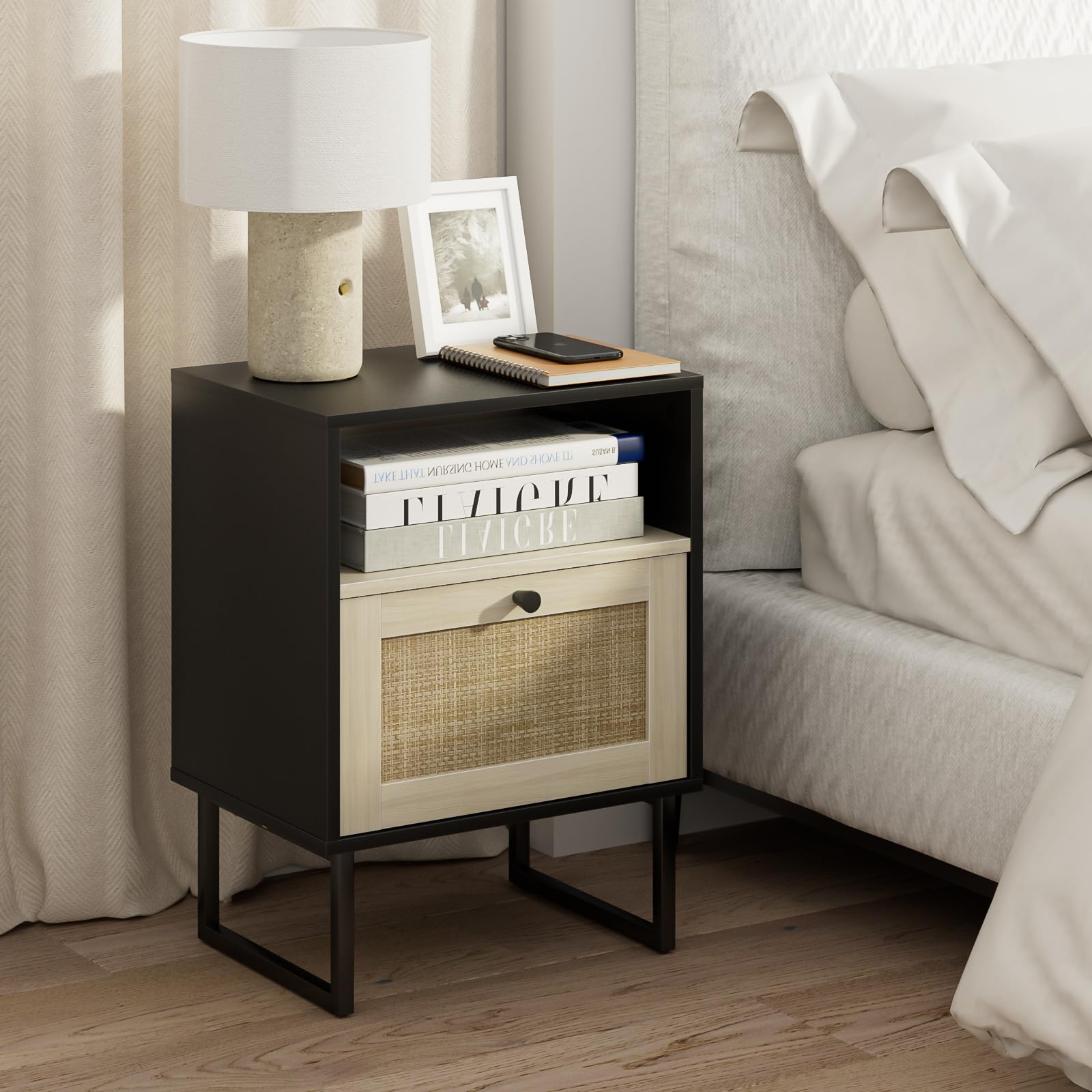 HEYZOEY Boho Rattan Nightstand – Wood Bedside Table with Drawer, Black