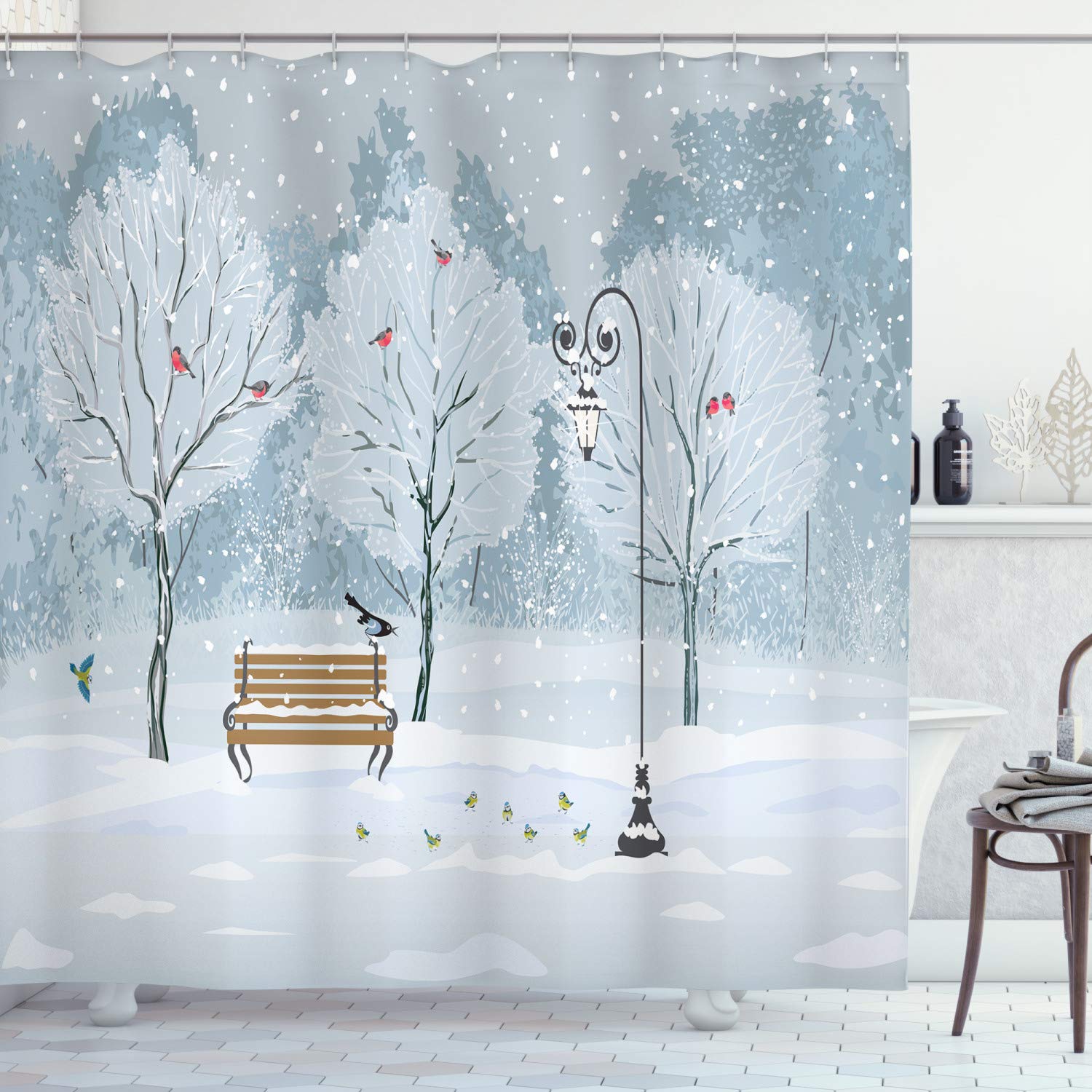 ABAKUHAUS Christmas Fabric Shower Curtain | Winter Snow Scene, 94" x 69"