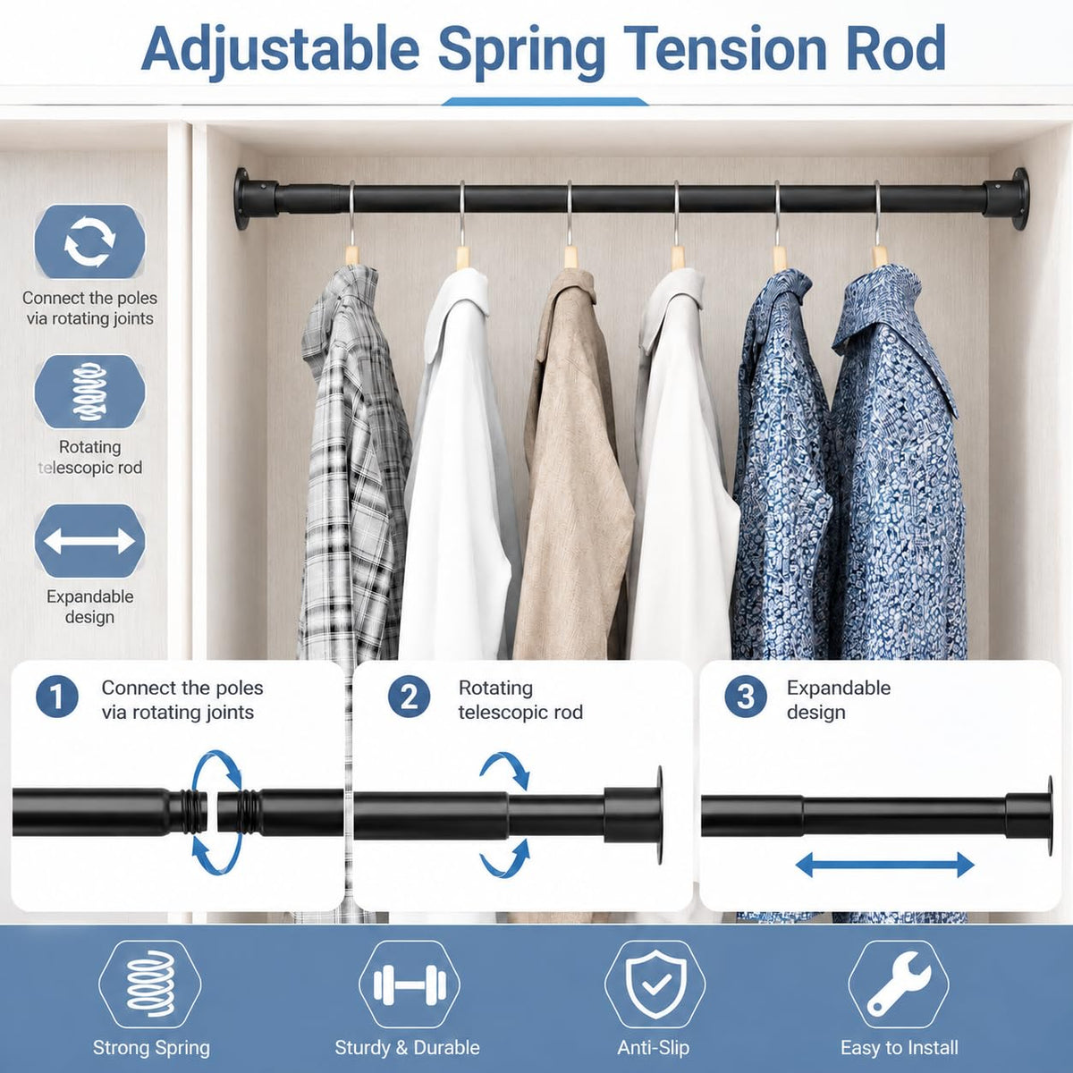 Wardrobe Pole, Wardrobe Rail Adjustable Clothes Rail with Screws and Sockets, Hanging Rod for Wardrobe and Bedroom, 85-235CM/Diameter 32MM，Black - image 3