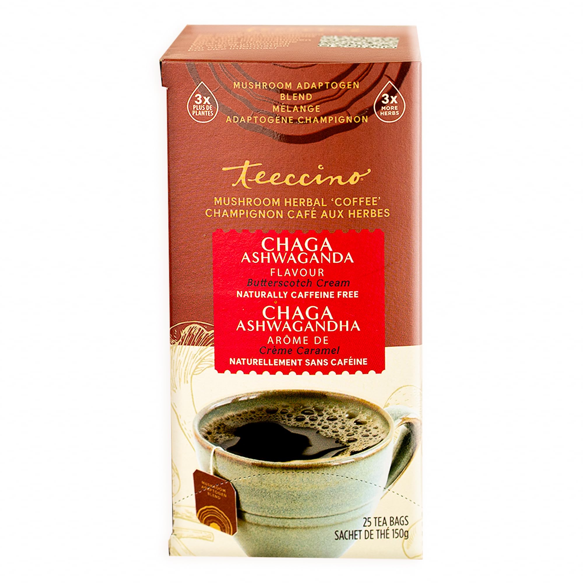 Teeccino Chaga Ashwagandha Tea – Butterscotch Cream – 25 Tea Bags